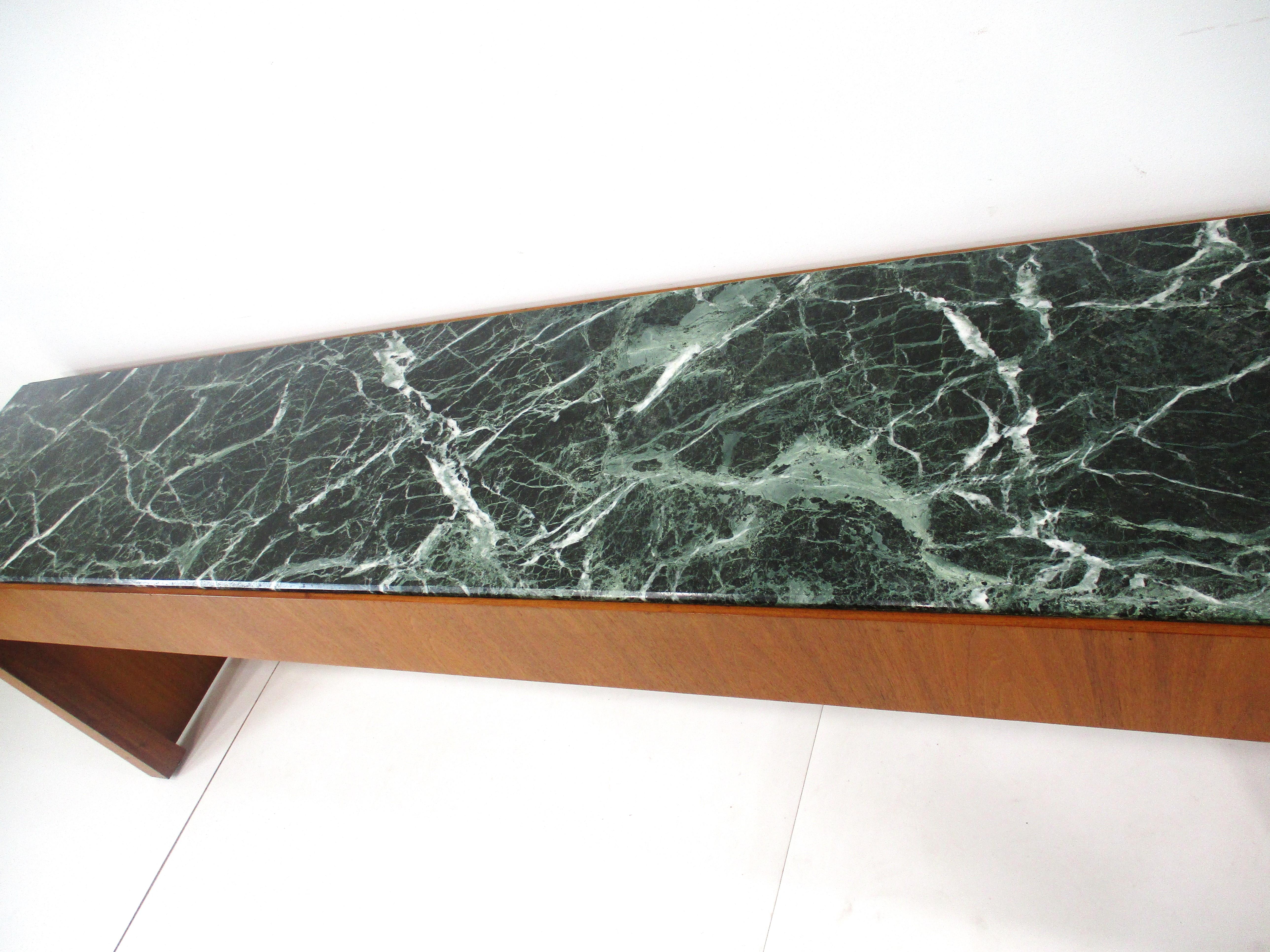 Mid Century Walnut and Dark Green Marble Console Table  3