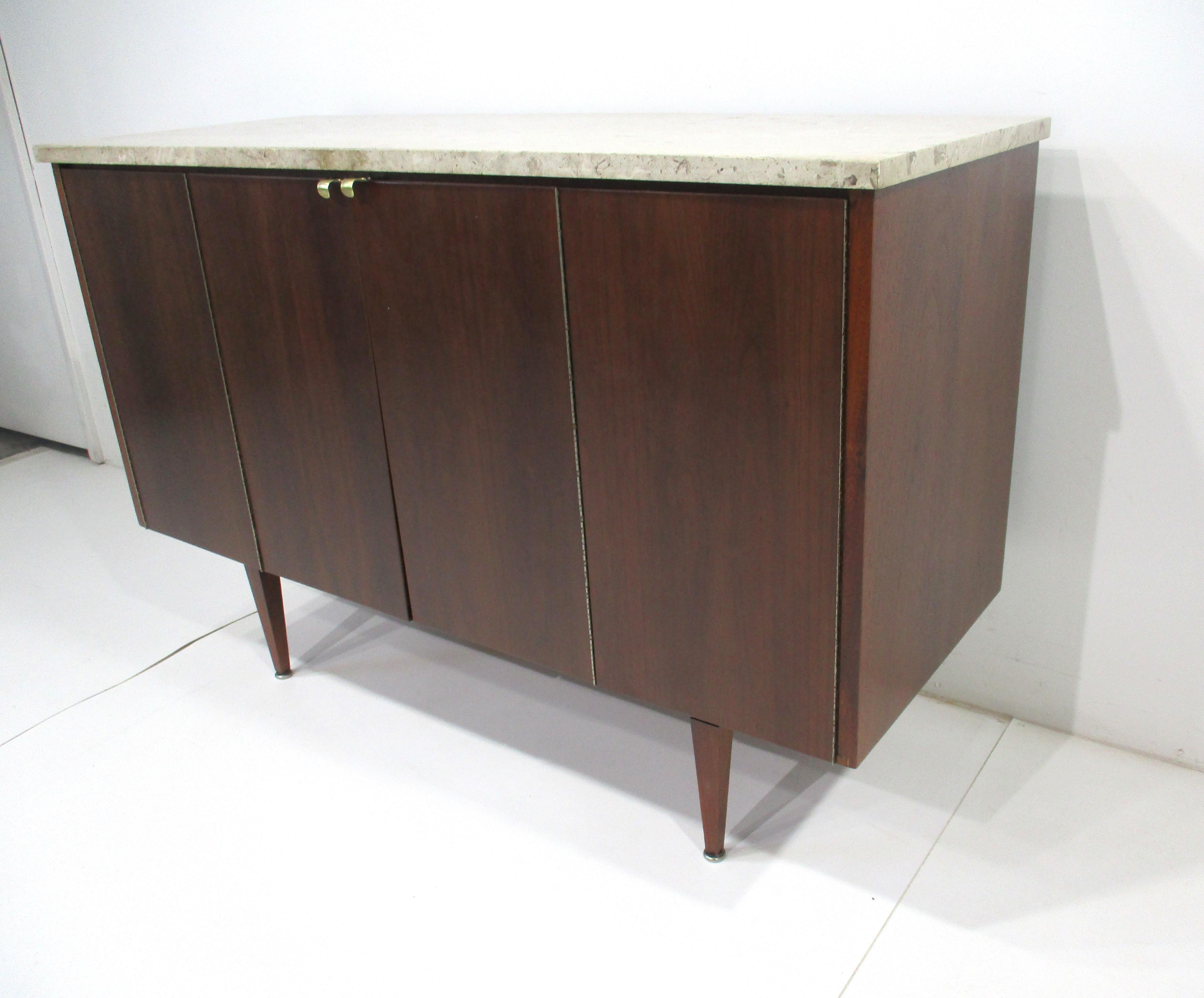 Mid Century Walnut and Fossil Marble Topped Bar Cabinet  For Sale 7