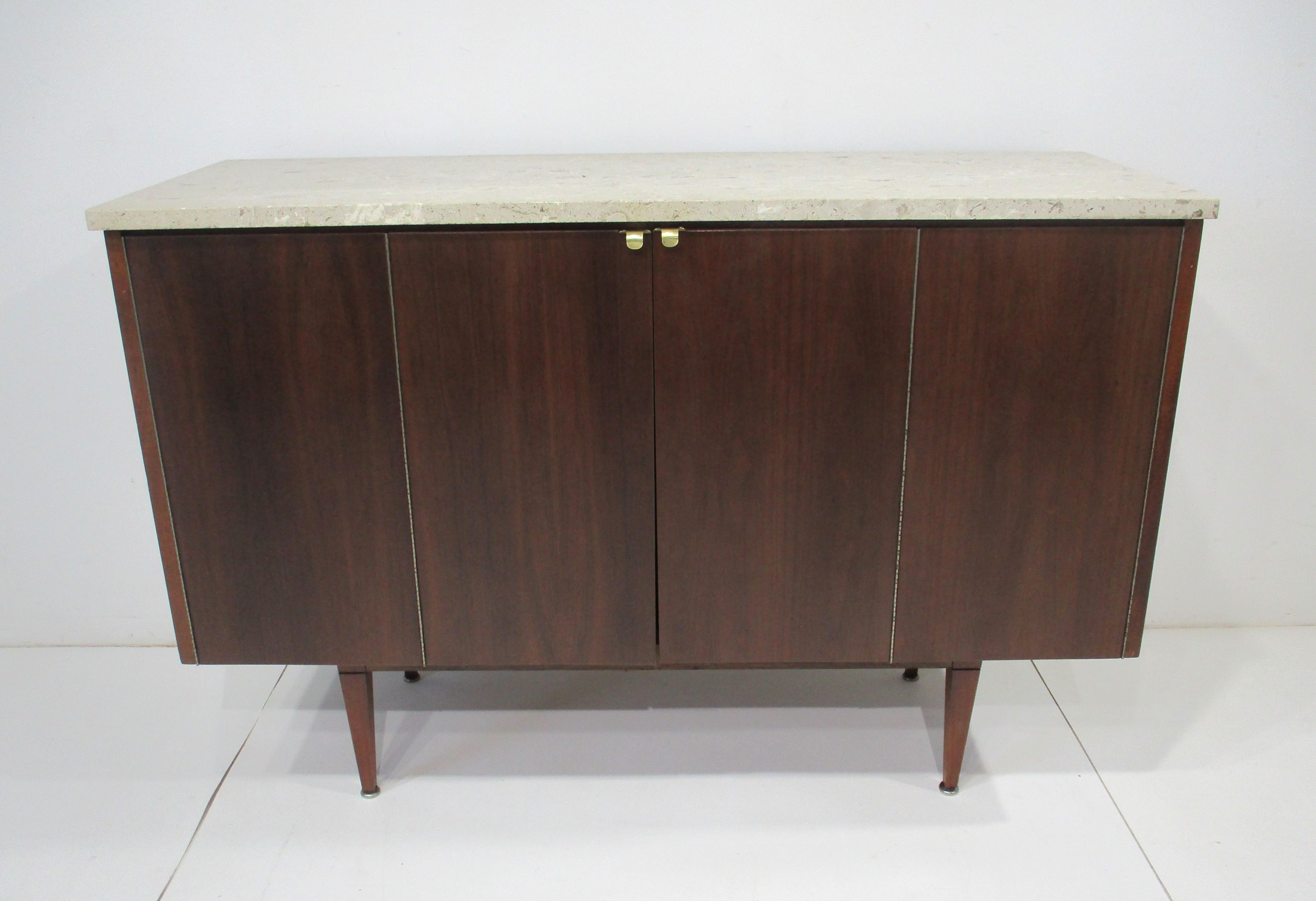 Mid Century Walnut and Fossil Marble Topped Bar Cabinet  7