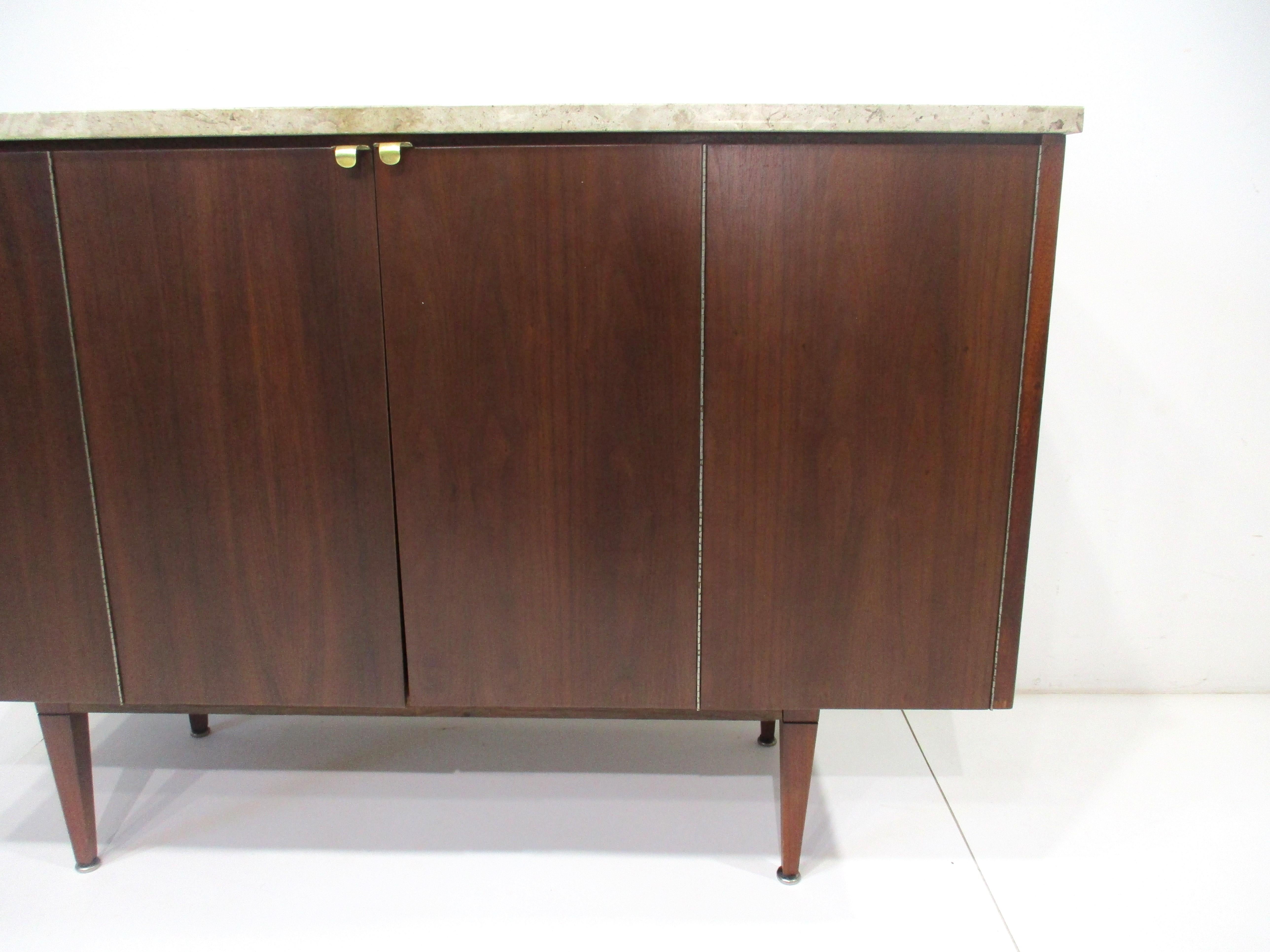 Mid-Century Modern Mid Century Walnut and Fossil Marble Topped Bar Cabinet  For Sale