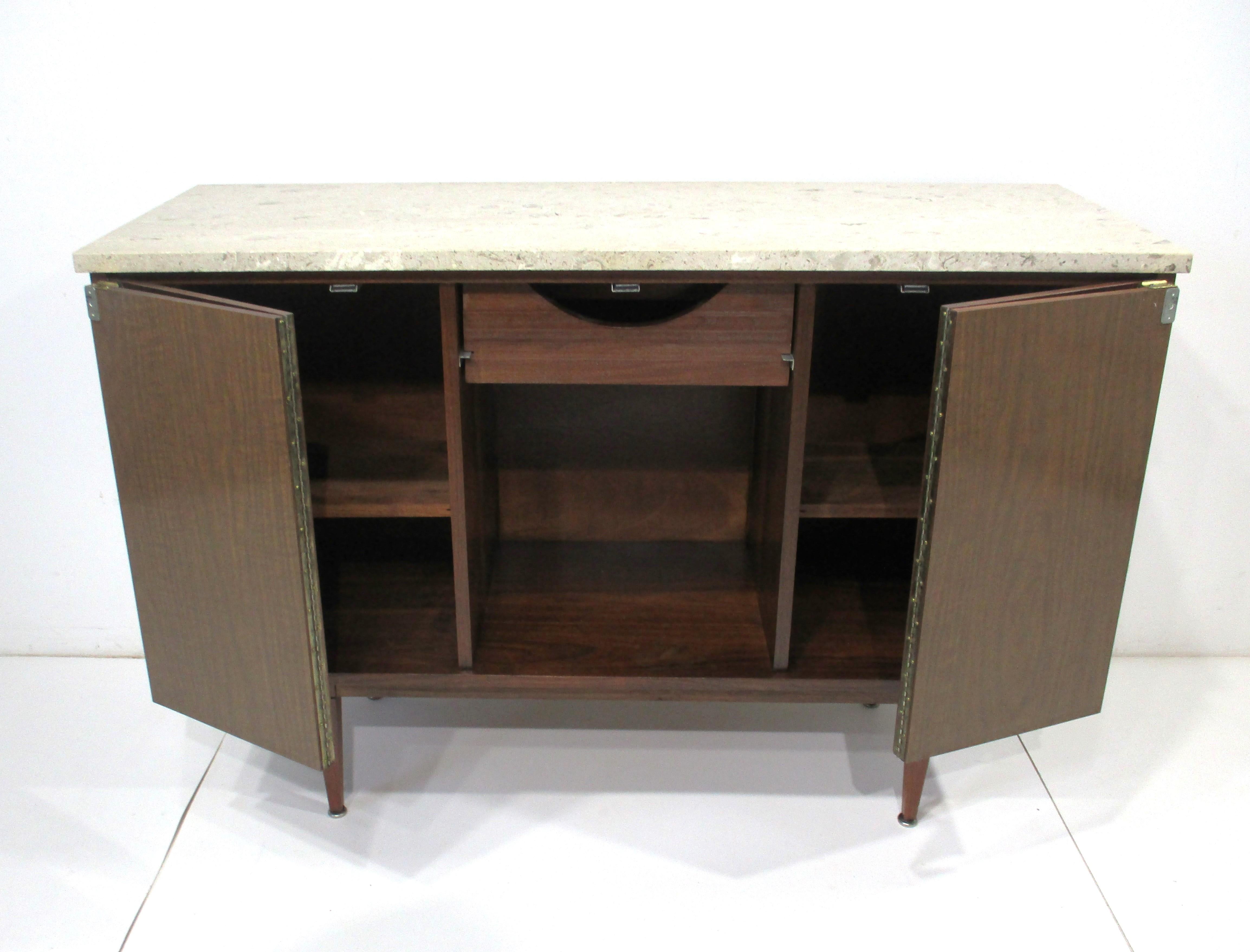 Mid-Century Modern Mid Century Walnut and Fossil Marble Topped Bar Cabinet 