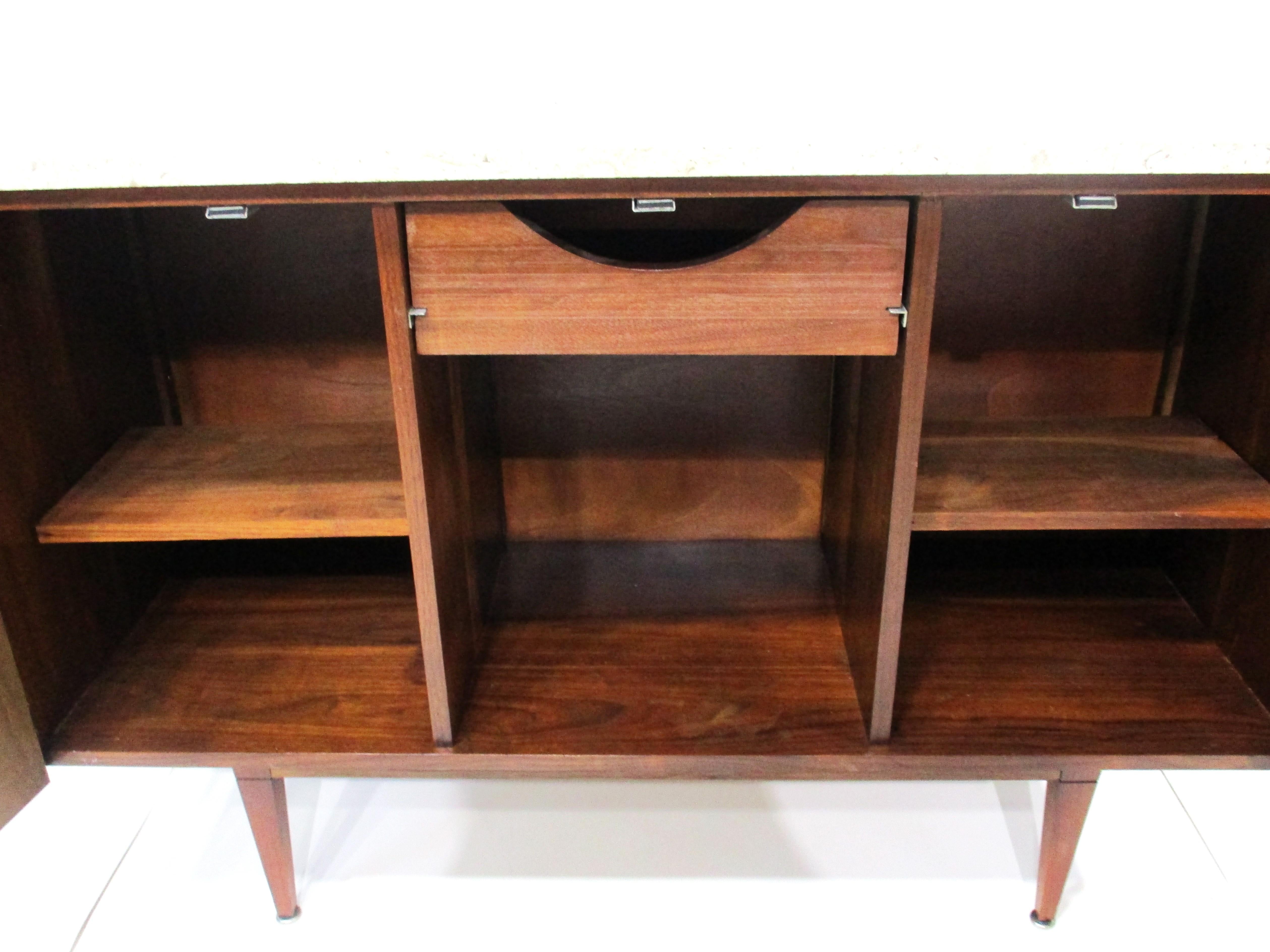 20th Century Mid Century Walnut and Fossil Marble Topped Bar Cabinet  For Sale
