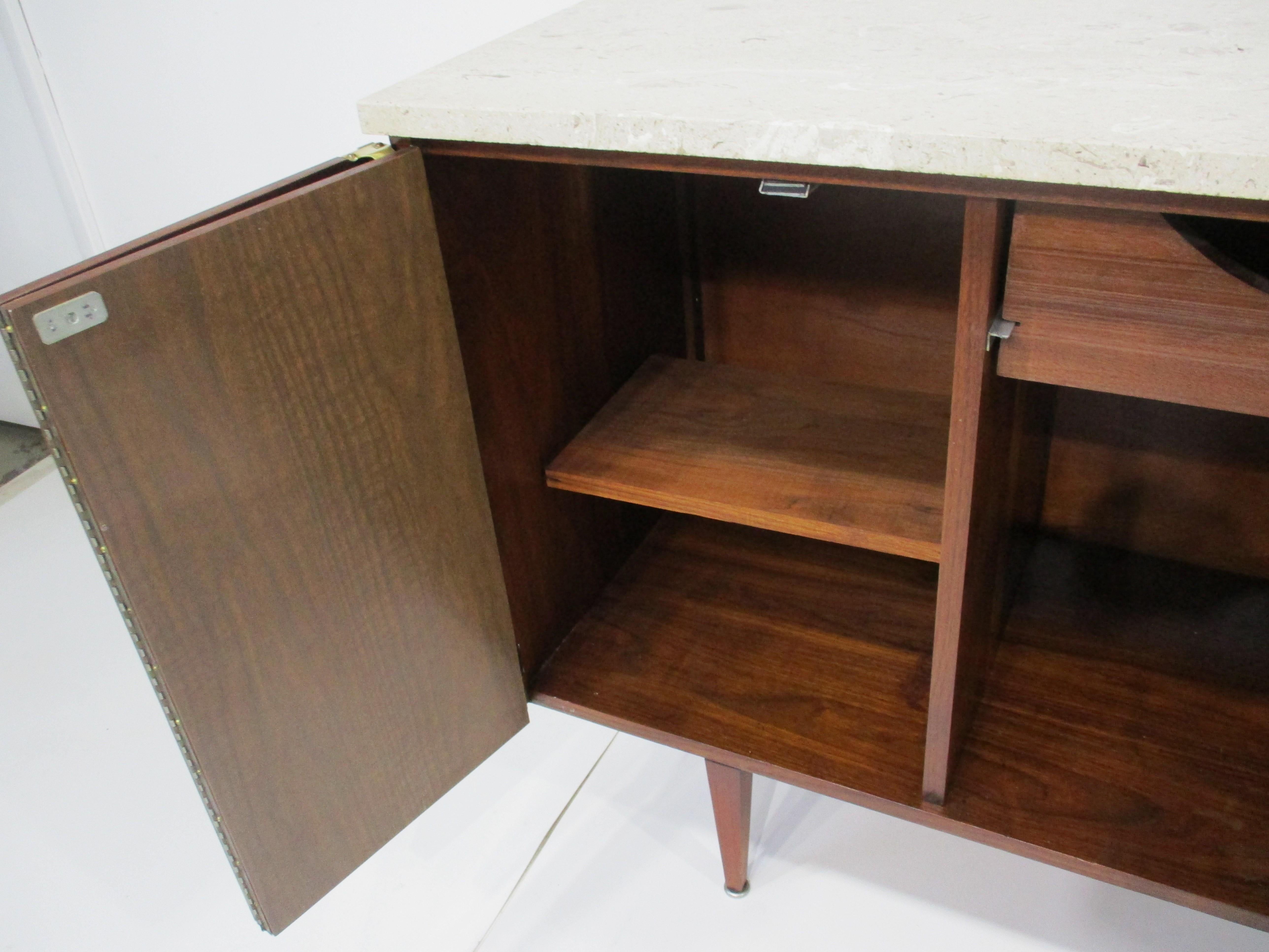 Mid Century Walnut and Fossil Marble Topped Bar Cabinet  1