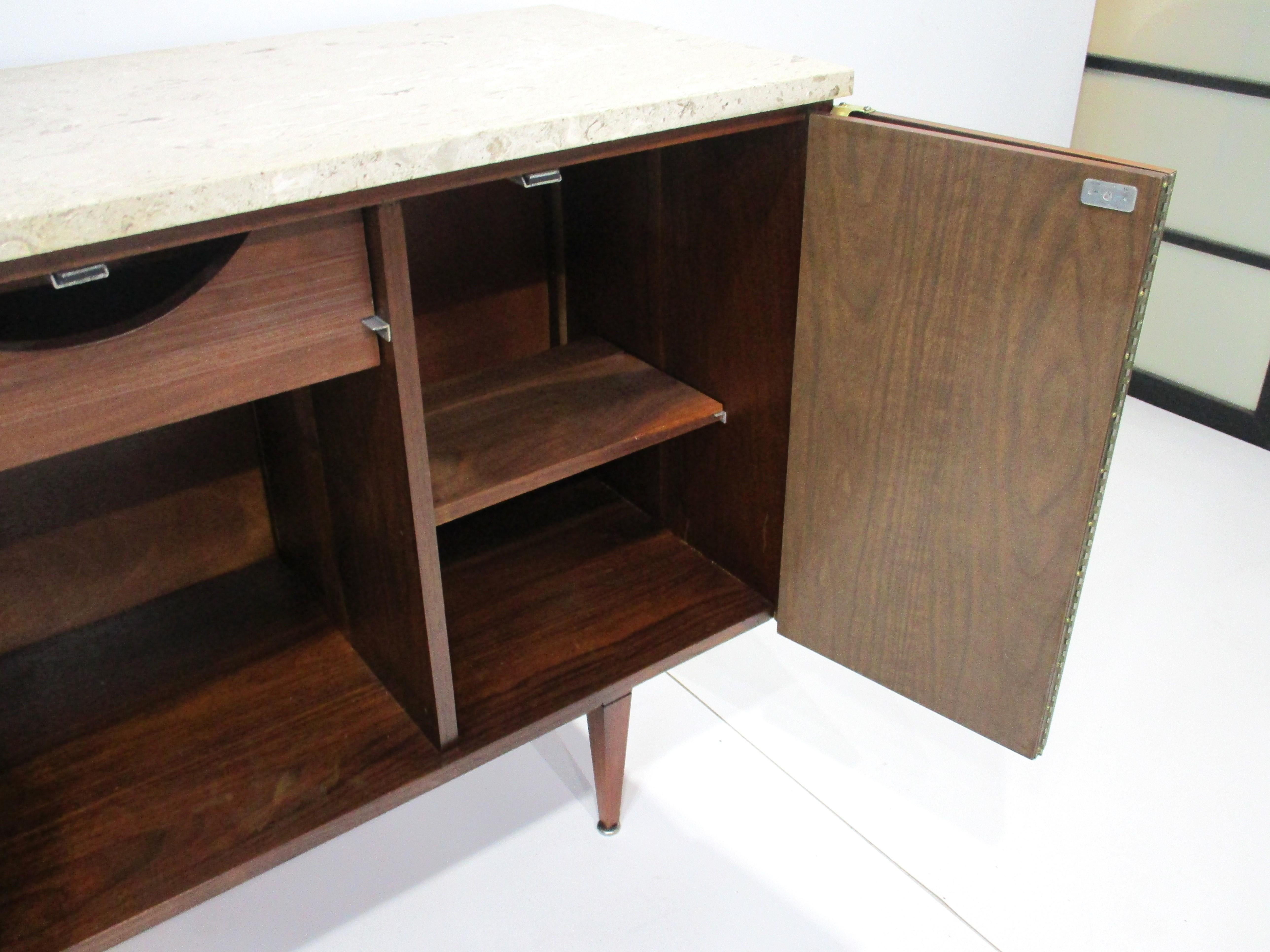 Mid Century Walnut and Fossil Marble Topped Bar Cabinet  2