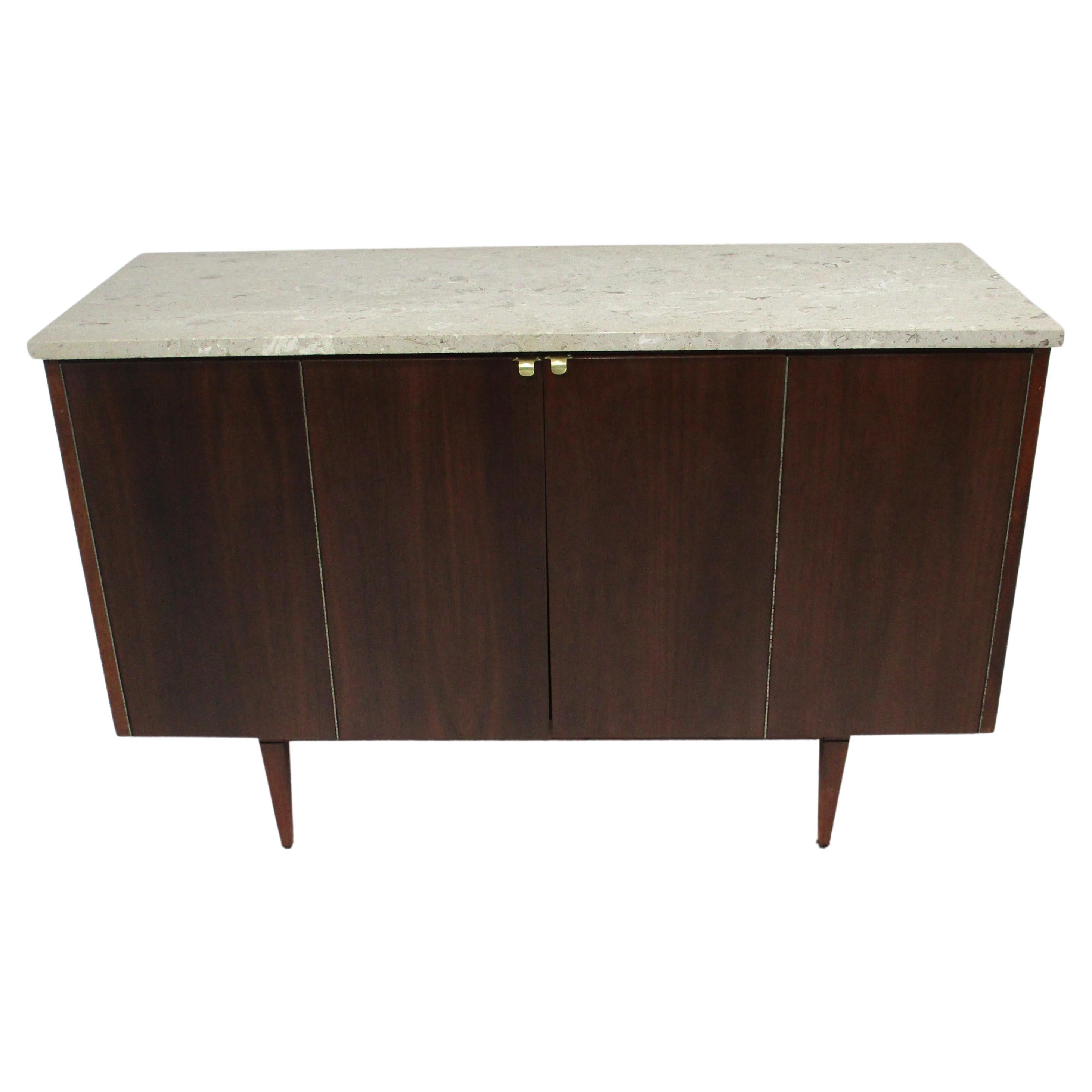 Mid Century Walnut and Fossil Marble Topped Bar Cabinet  For Sale