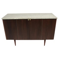 Mid Century Walnut and Fossil Marble Topped Bar Cabinet 