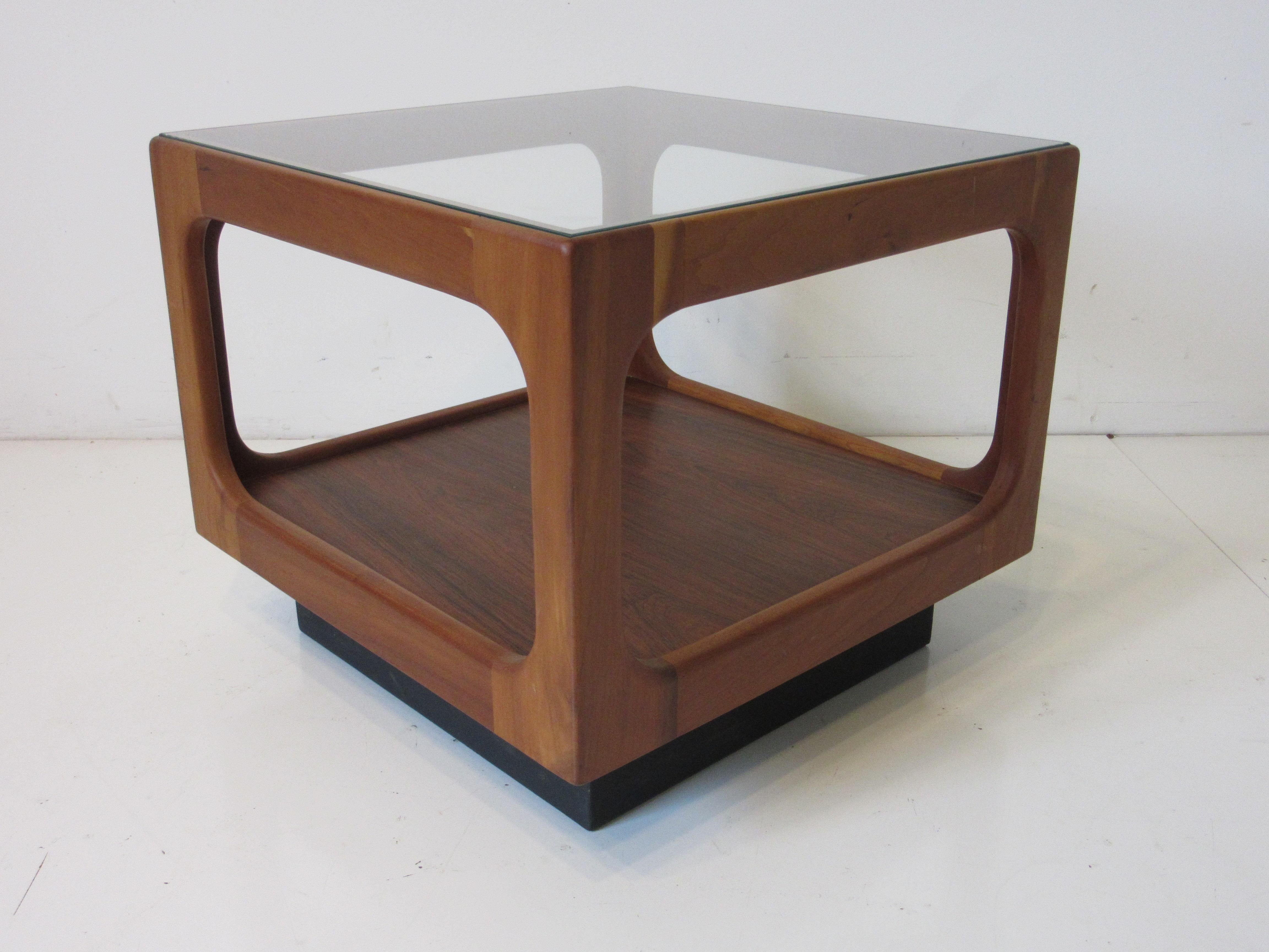 American Mid Century Walnut and Glass Cube Side Table