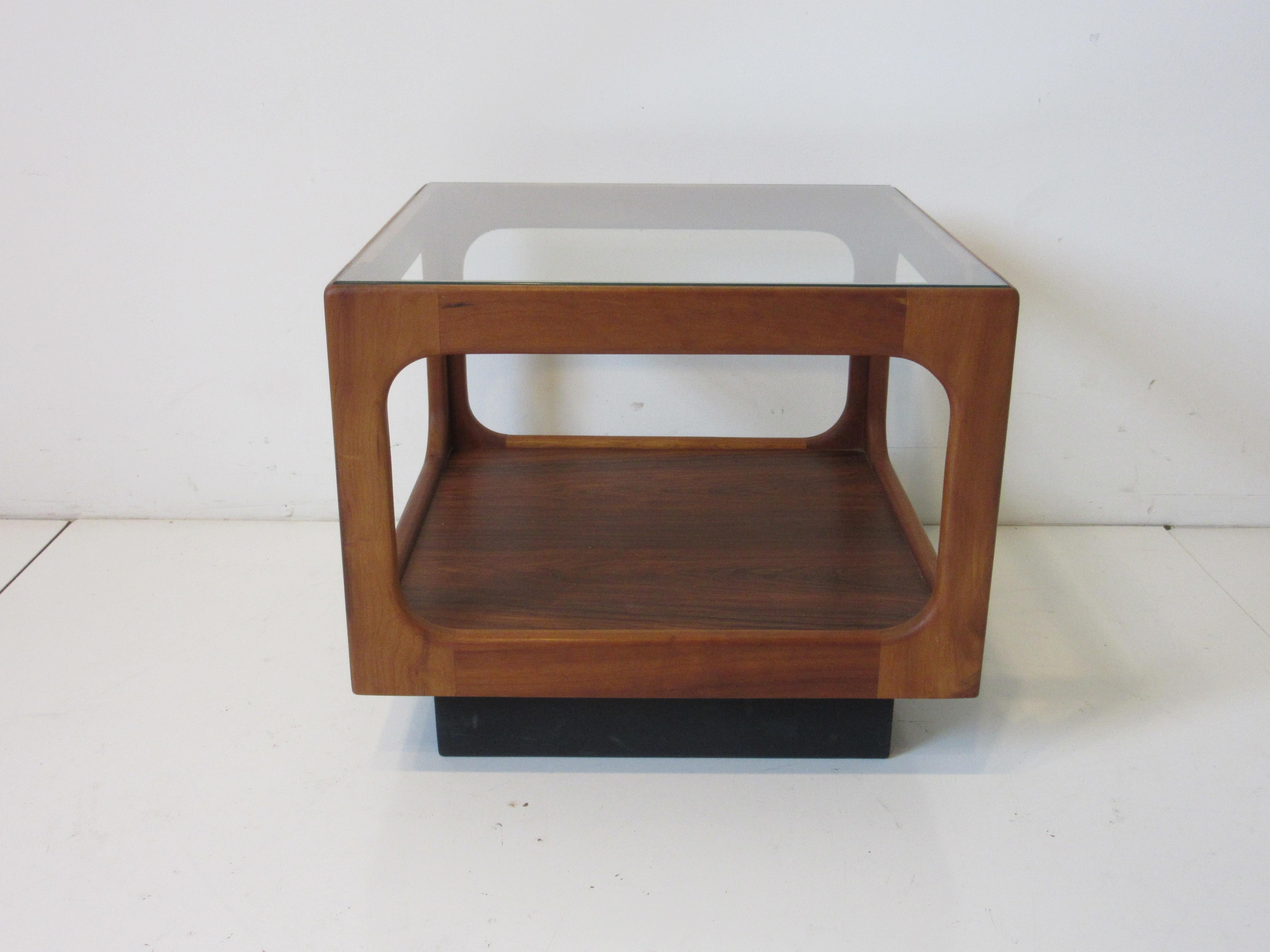 Mid Century Walnut and Glass Cube Side Table 1