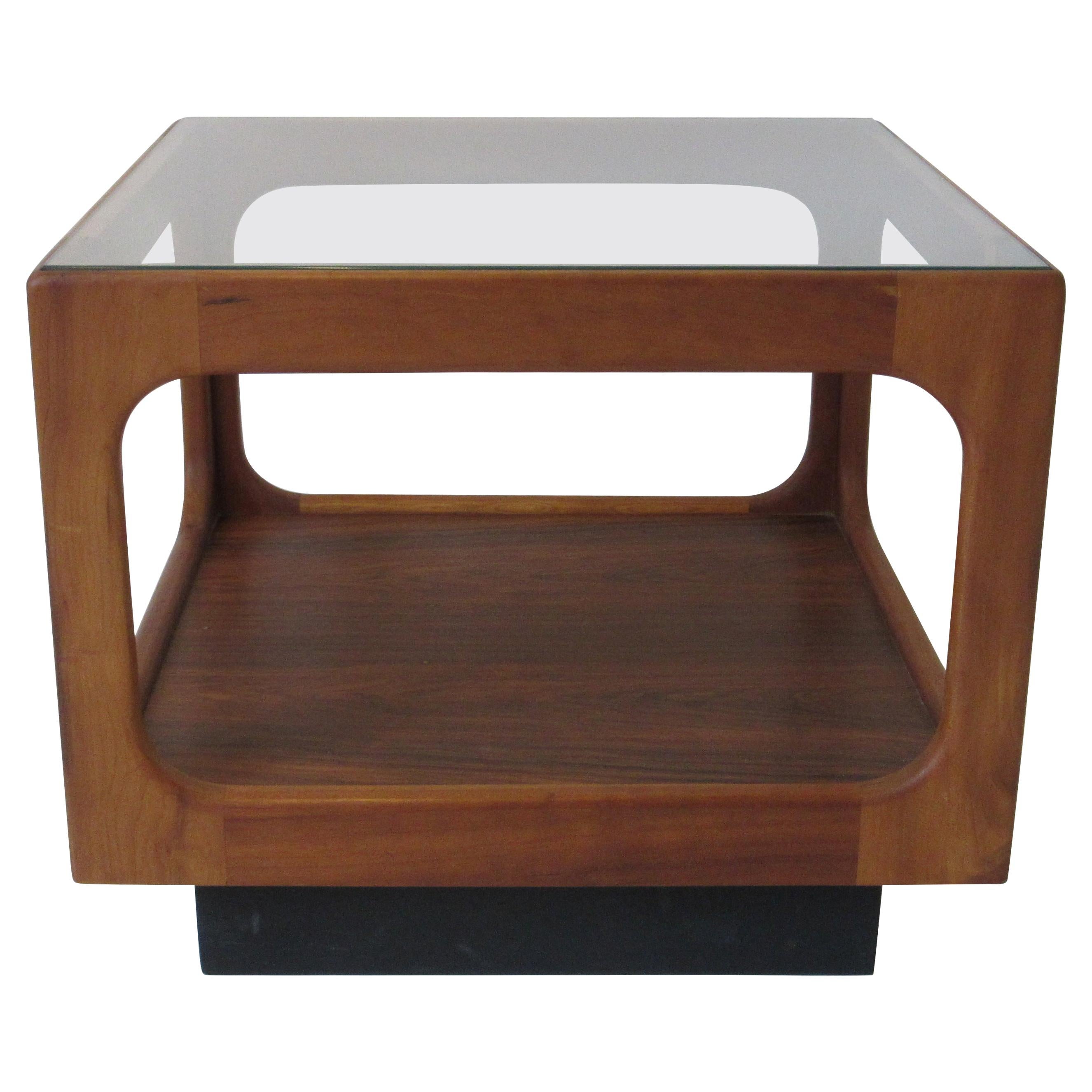 Mid Century Walnut and Glass Cube Side Table