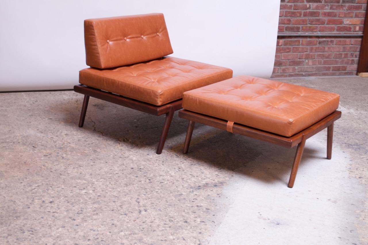 Mid-Century Modern Midcentury Walnut and Leather Lounge Chair and Ottoman by Mel Smilow For Sale