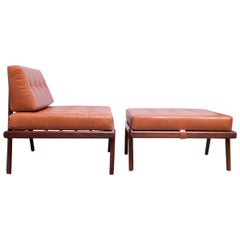 Midcentury Walnut and Leather Lounge Chair and Ottoman by Mel Smilow