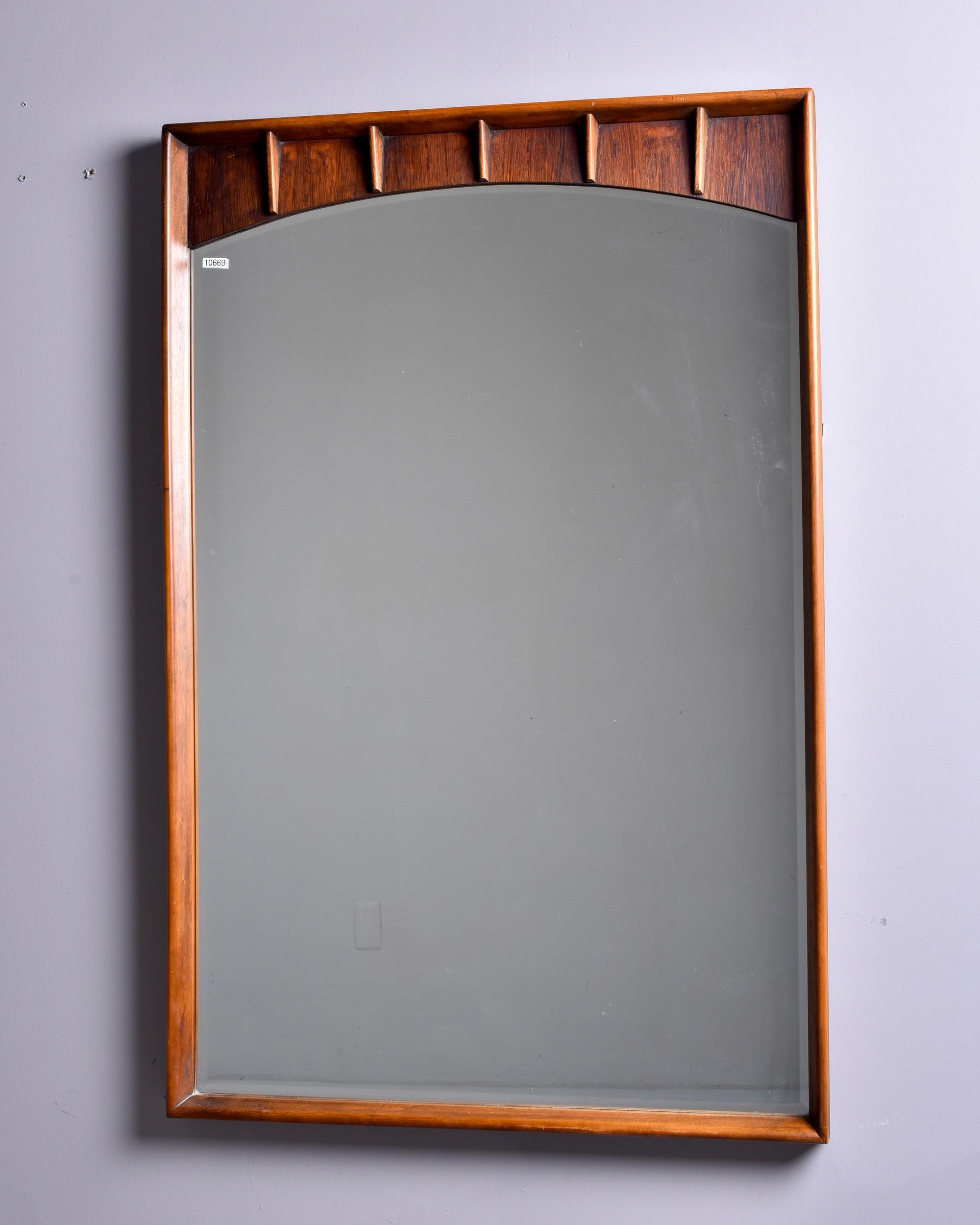 American Mid Century Walnut and Pecan Framed Mirror with Beveled Edges For Sale