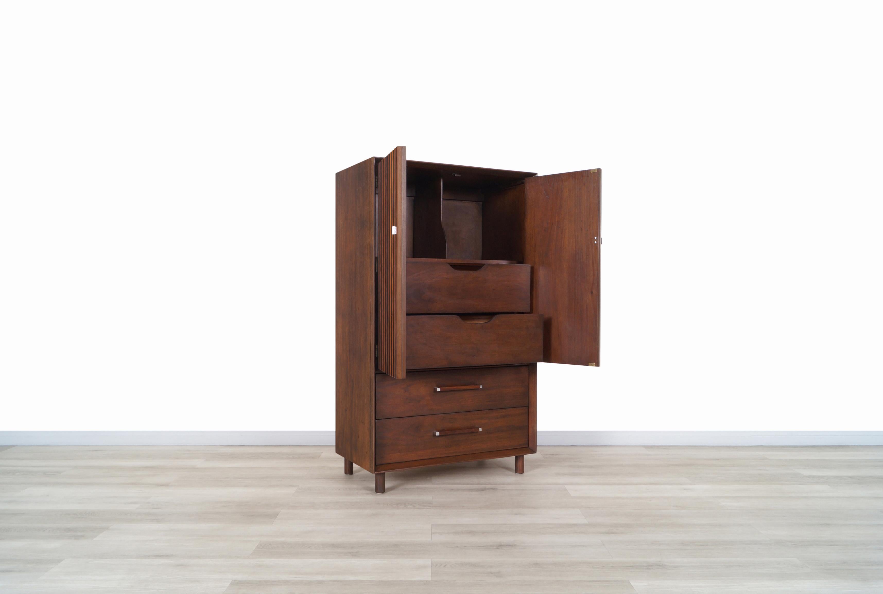 American Mid Century Walnut and Rosewood Armoire by Lane