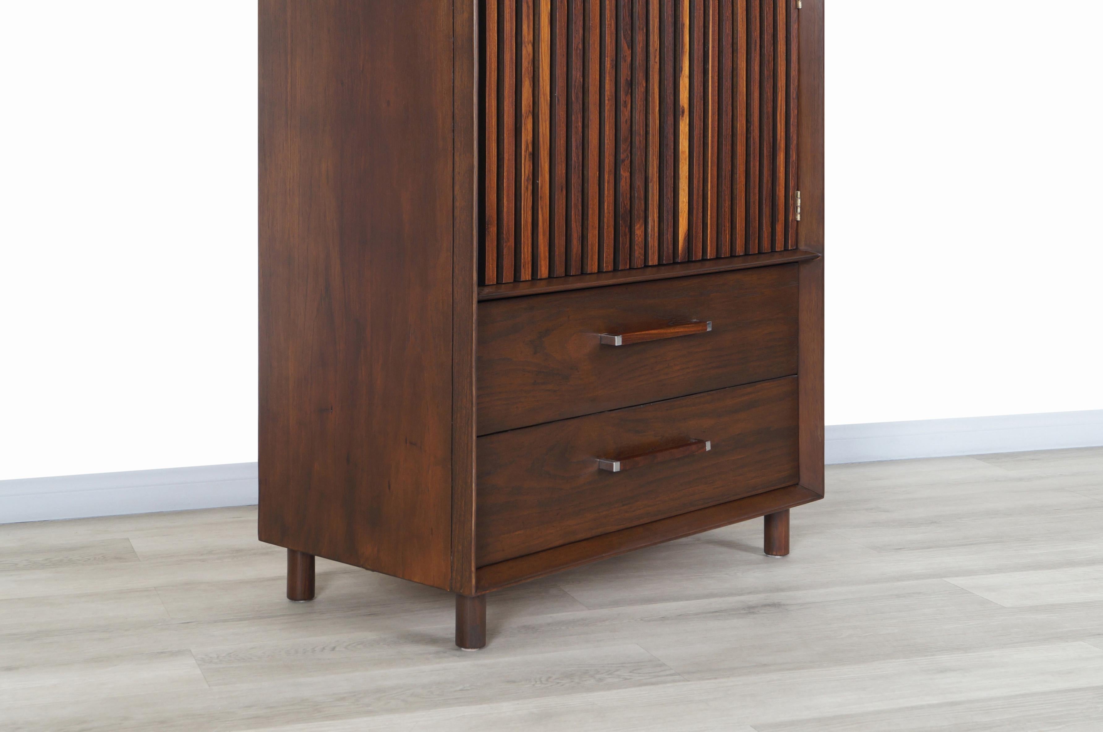 Chrome Mid Century Walnut and Rosewood Armoire by Lane