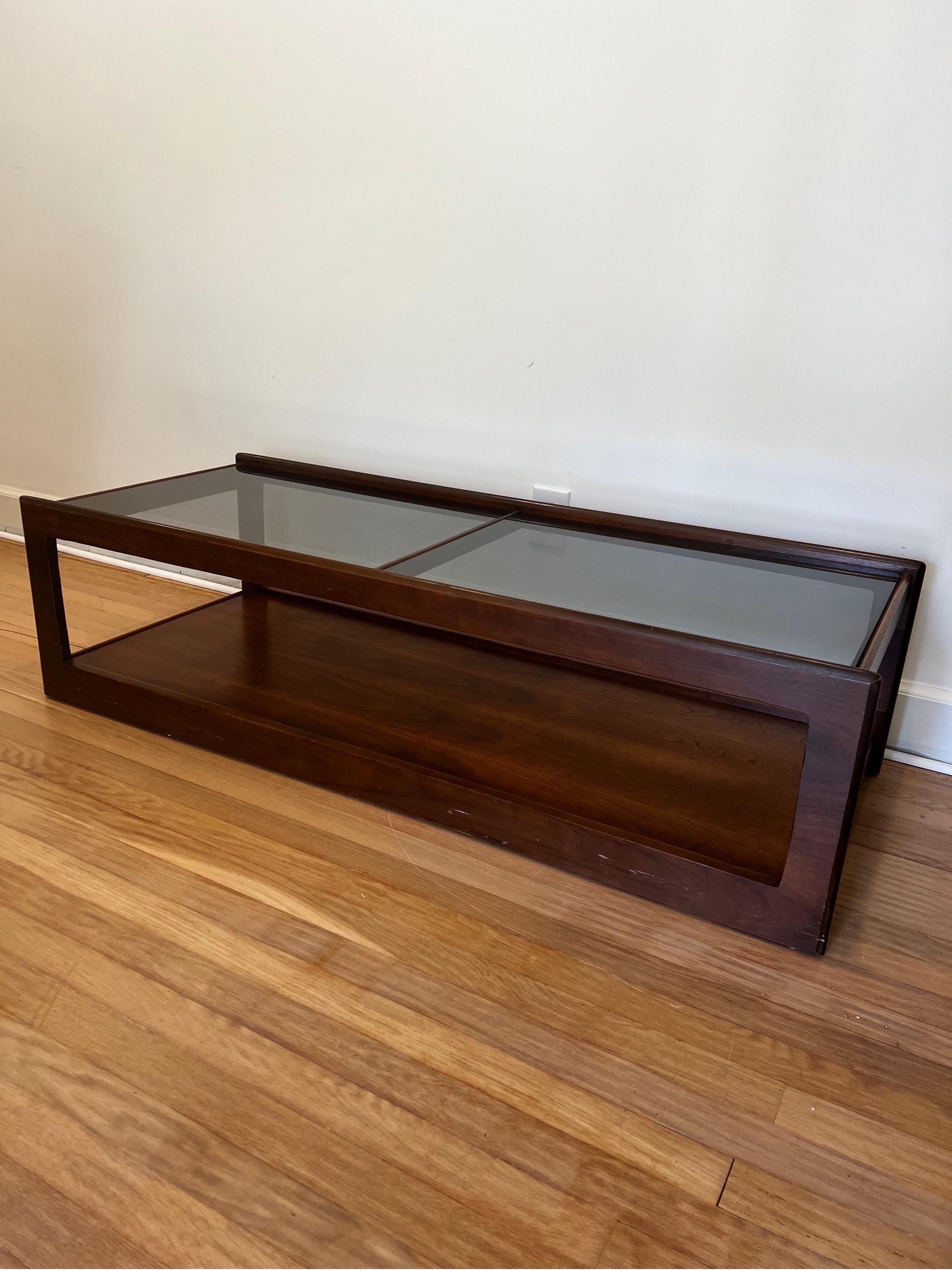 Mid Century Walnut and Smoked Glass Coffee Table - Style of John Keal For Sale 4