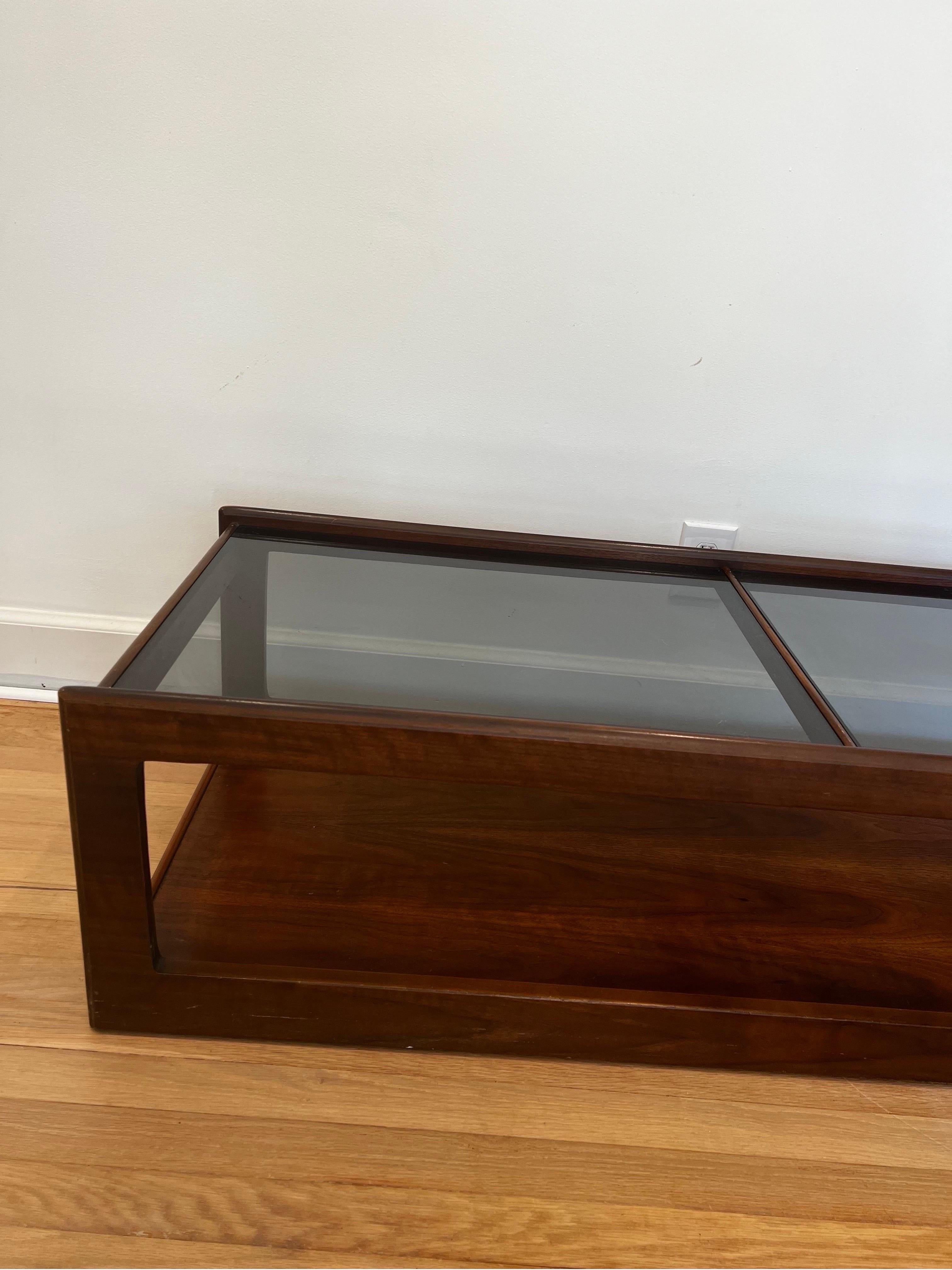 Mid-Century Modern Mid Century Walnut and Smoked Glass Coffee Table - Style of John Keal For Sale