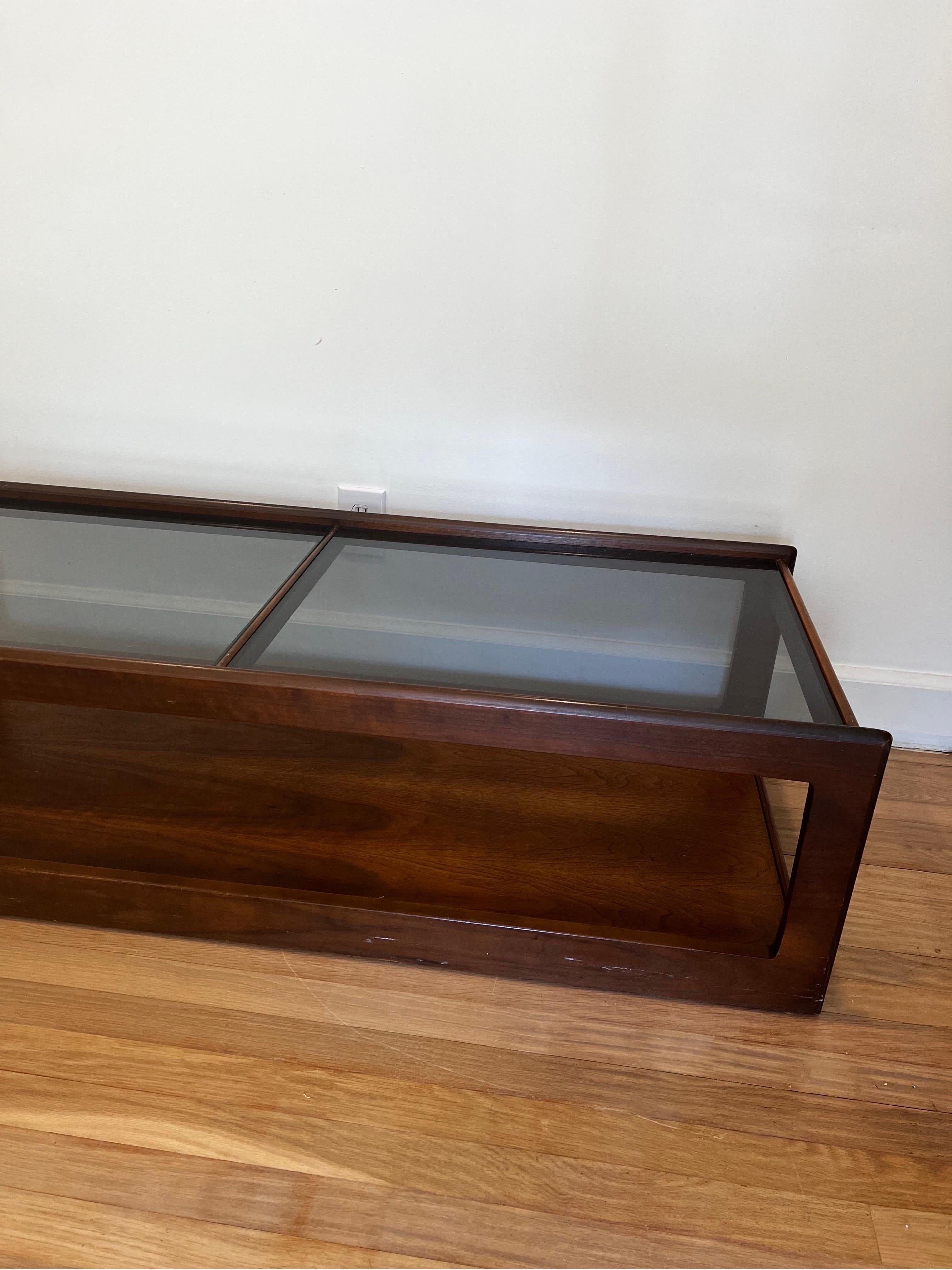 American Mid Century Walnut and Smoked Glass Coffee Table - Style of John Keal For Sale