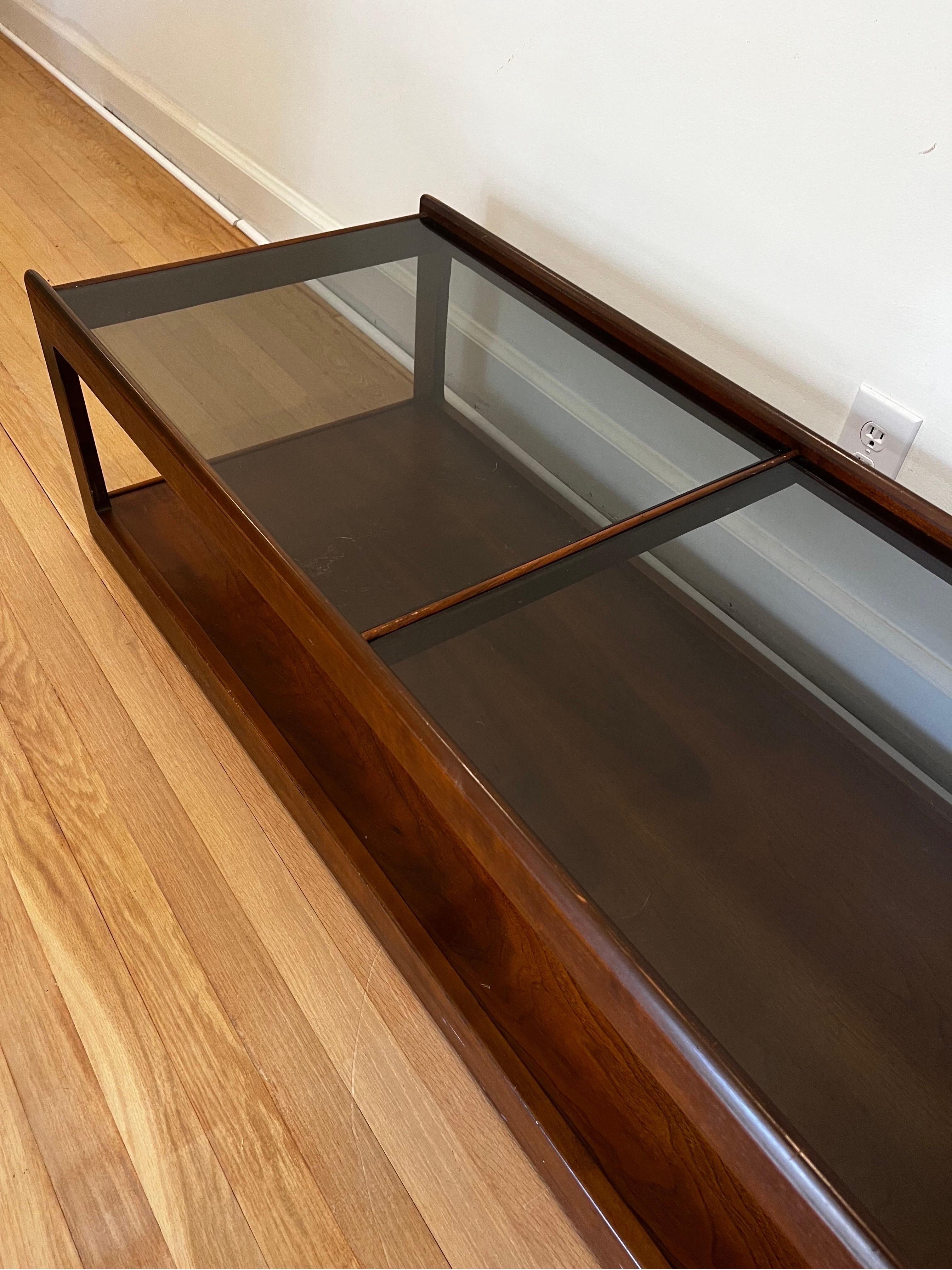 Mid Century Walnut and Smoked Glass Coffee Table - Style of John Keal In Good Condition For Sale In Los Angeles, CA