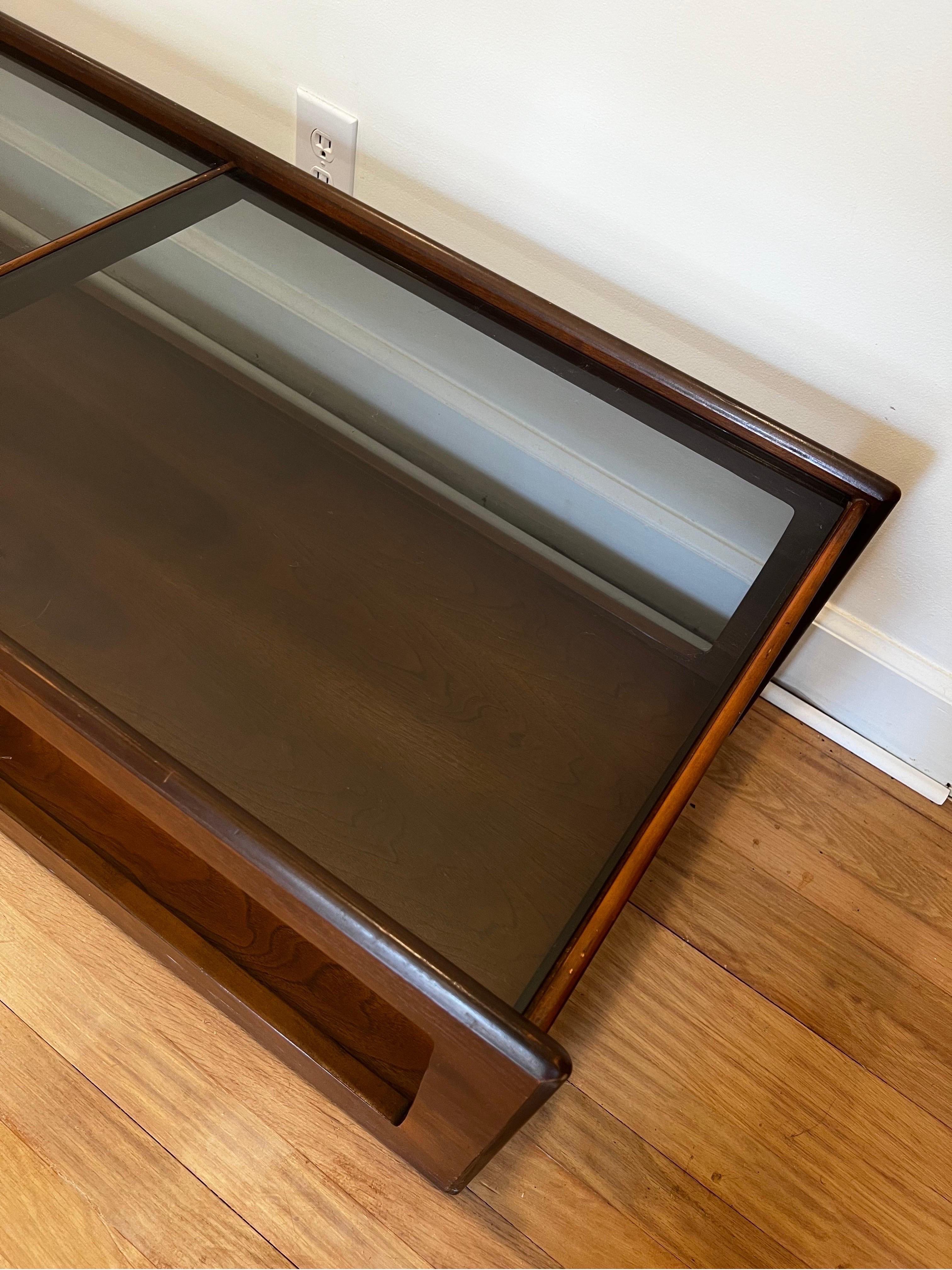 20th Century Mid Century Walnut and Smoked Glass Coffee Table - Style of John Keal For Sale