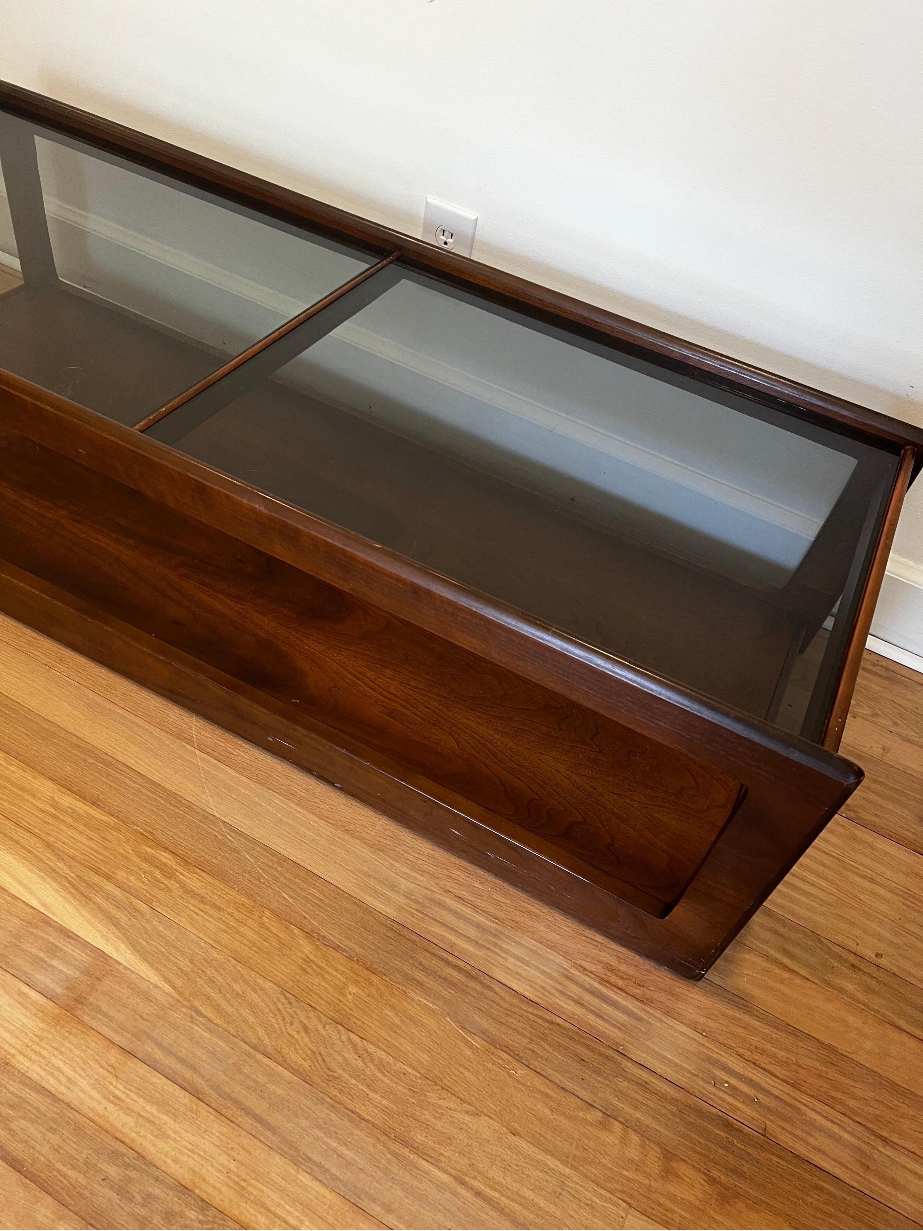 Mid Century Walnut and Smoked Glass Coffee Table - Style of John Keal For Sale 1