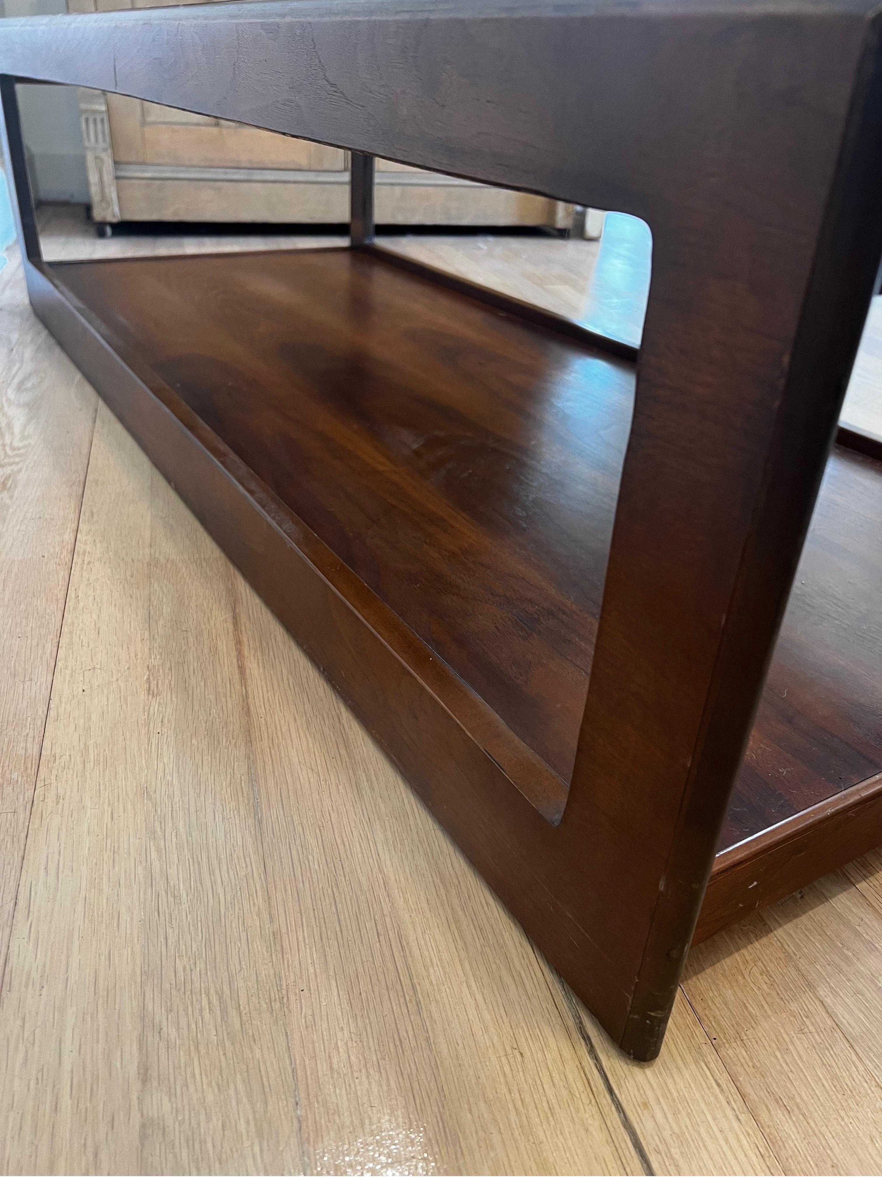 Mid Century Walnut and Smoked Glass Coffee Table - Style of John Keal For Sale 2