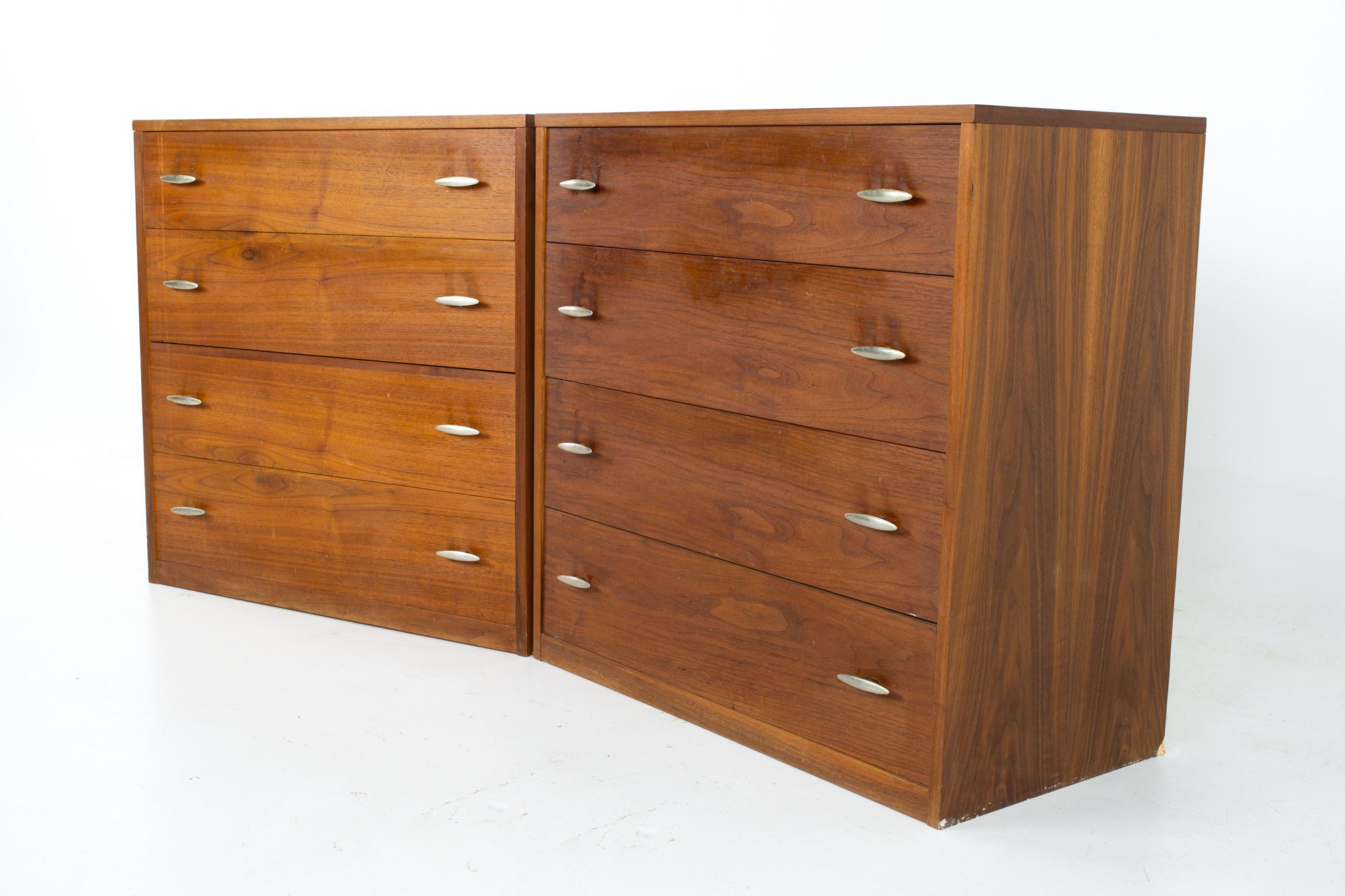 Crescent Furniture Company Mid Century Walnut and Stainless Dresser Chests - Matching Pair
Each dresser measures: 33.75 wide x 17.75 deep x 33.25 high

All pieces of furniture can be had in what we call restored vintage condition. That means the