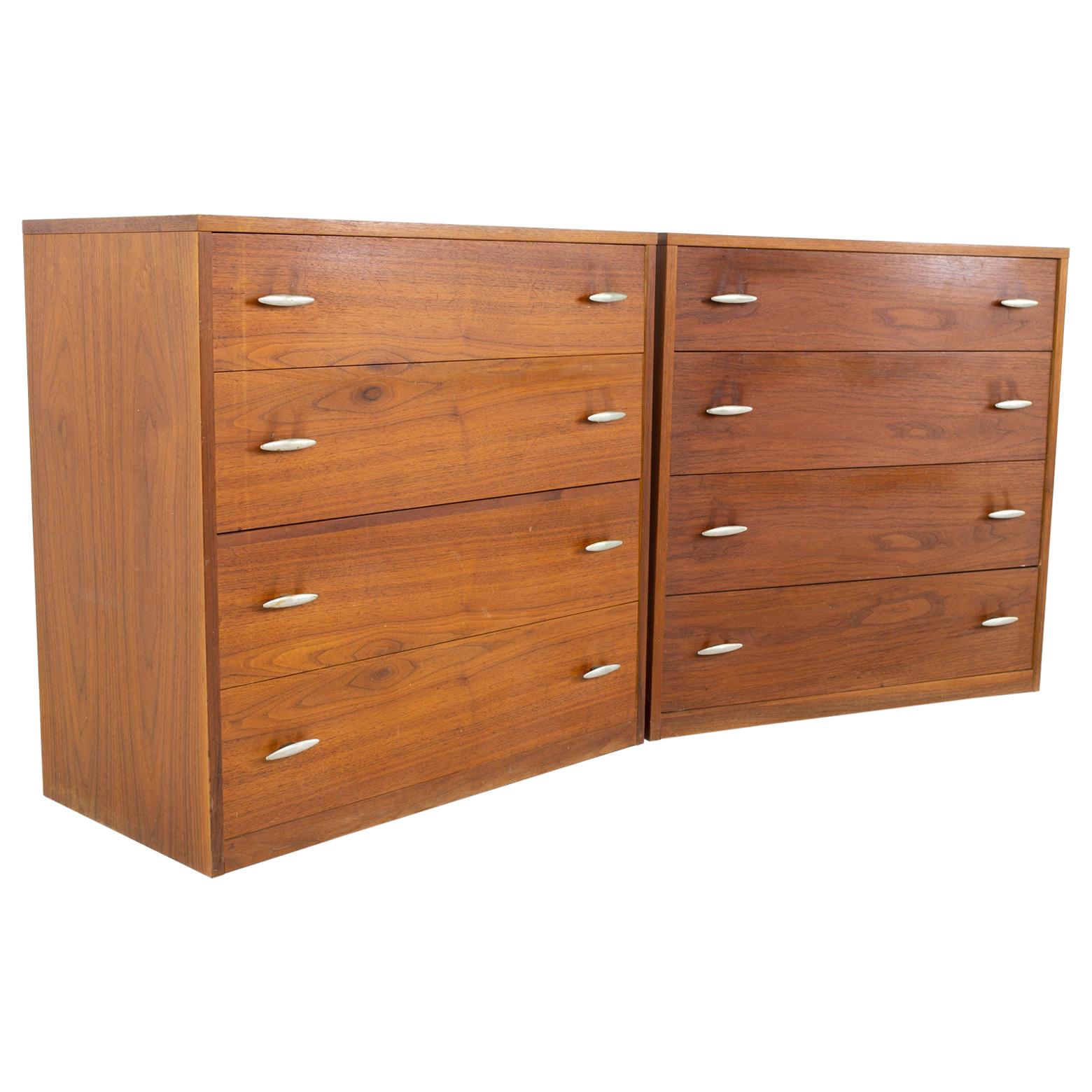 Crescent Furniture Company MCM Walnut and Stainless Dresser Chests - Pair