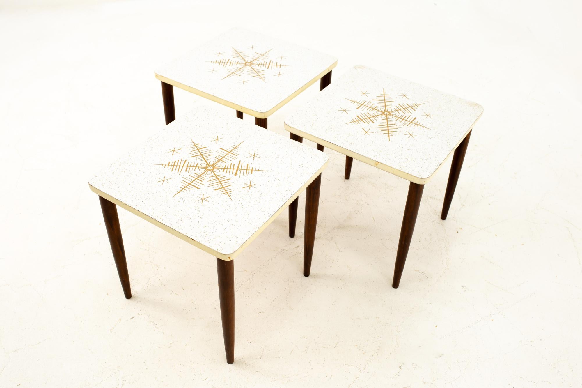 Mid-Century Modern Midcentury Walnut and White Laminate End Table, Set of 3