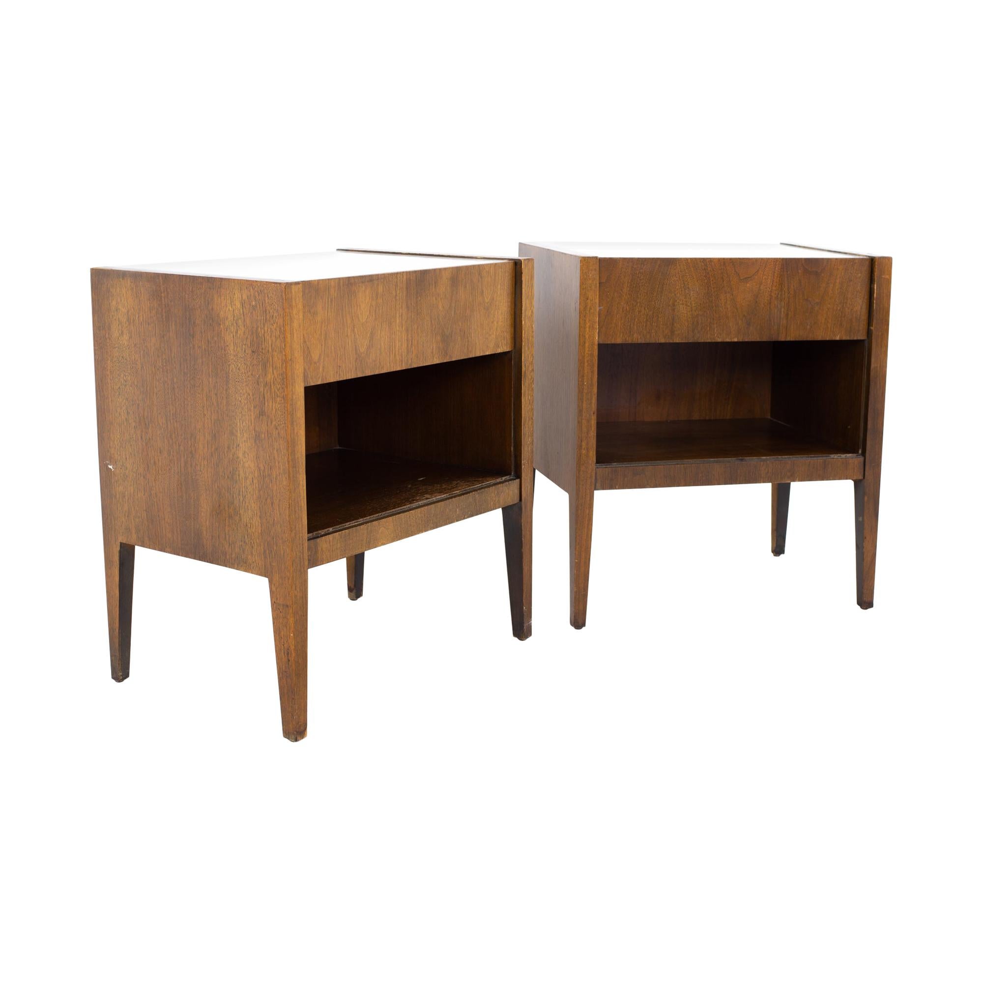 Mid Century Walnut and White Laminate Nightstands, a Pair