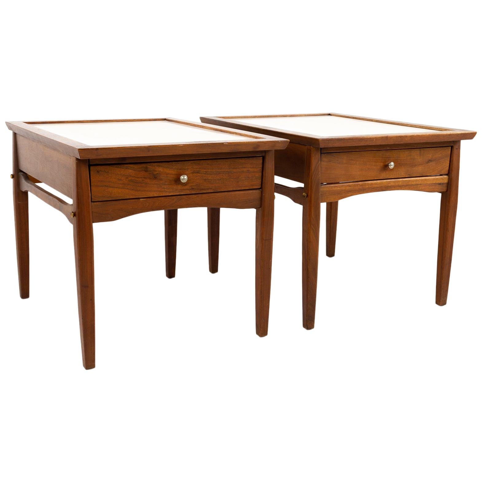 SOLD 10/20/23 Midcentury Walnut and White Laminate Side End Tables, Pair