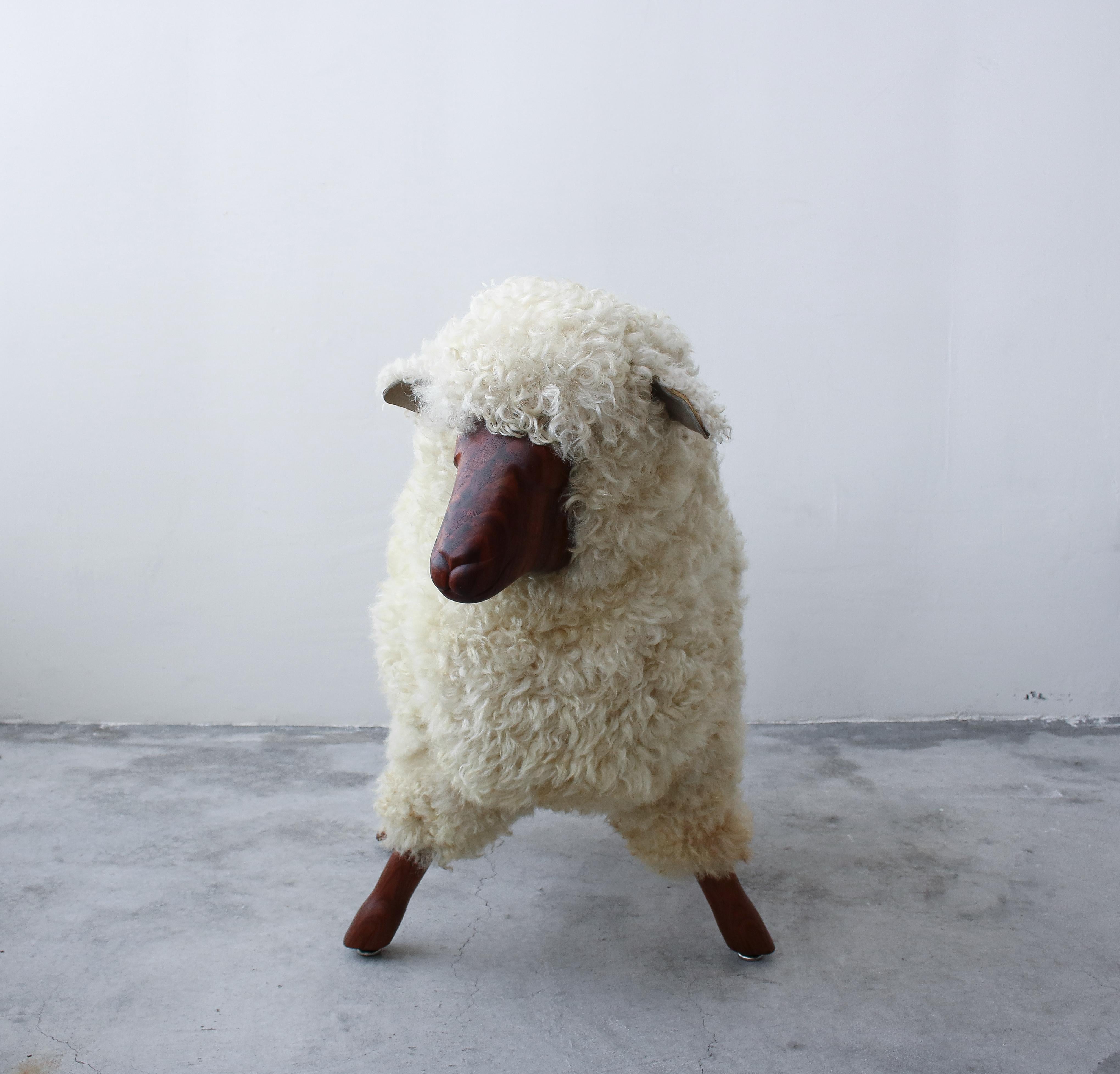 Mid-Century Modern Midcentury Walnut and Wool LaLanne Style Sheep Stool Sculpture