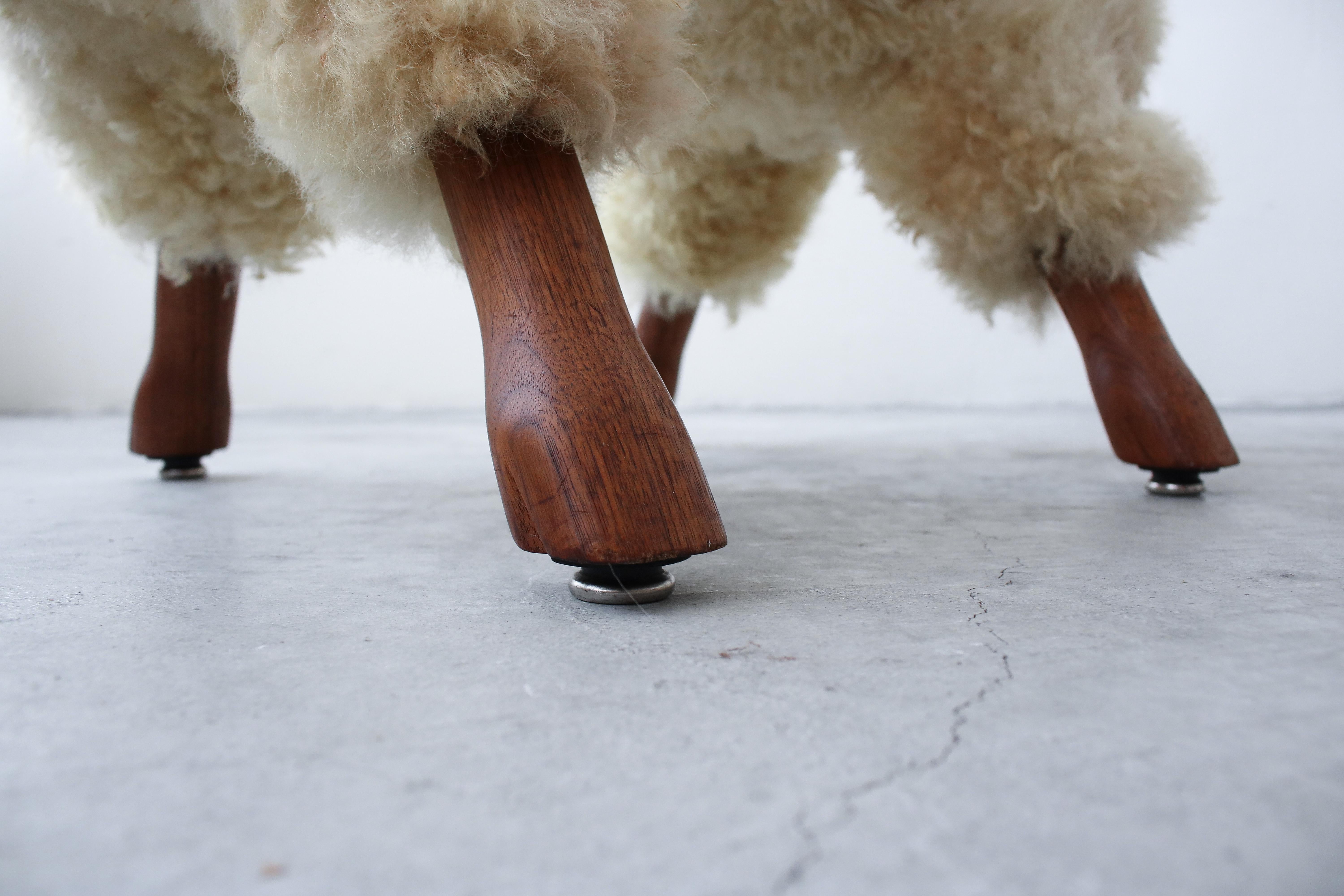 Midcentury Walnut and Wool LaLanne Style Sheep Stool Sculpture 1