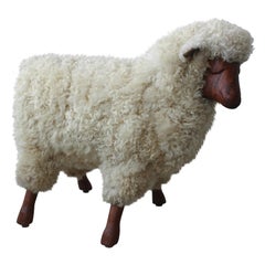Midcentury Walnut and Wool LaLanne Style Sheep Stool Sculpture