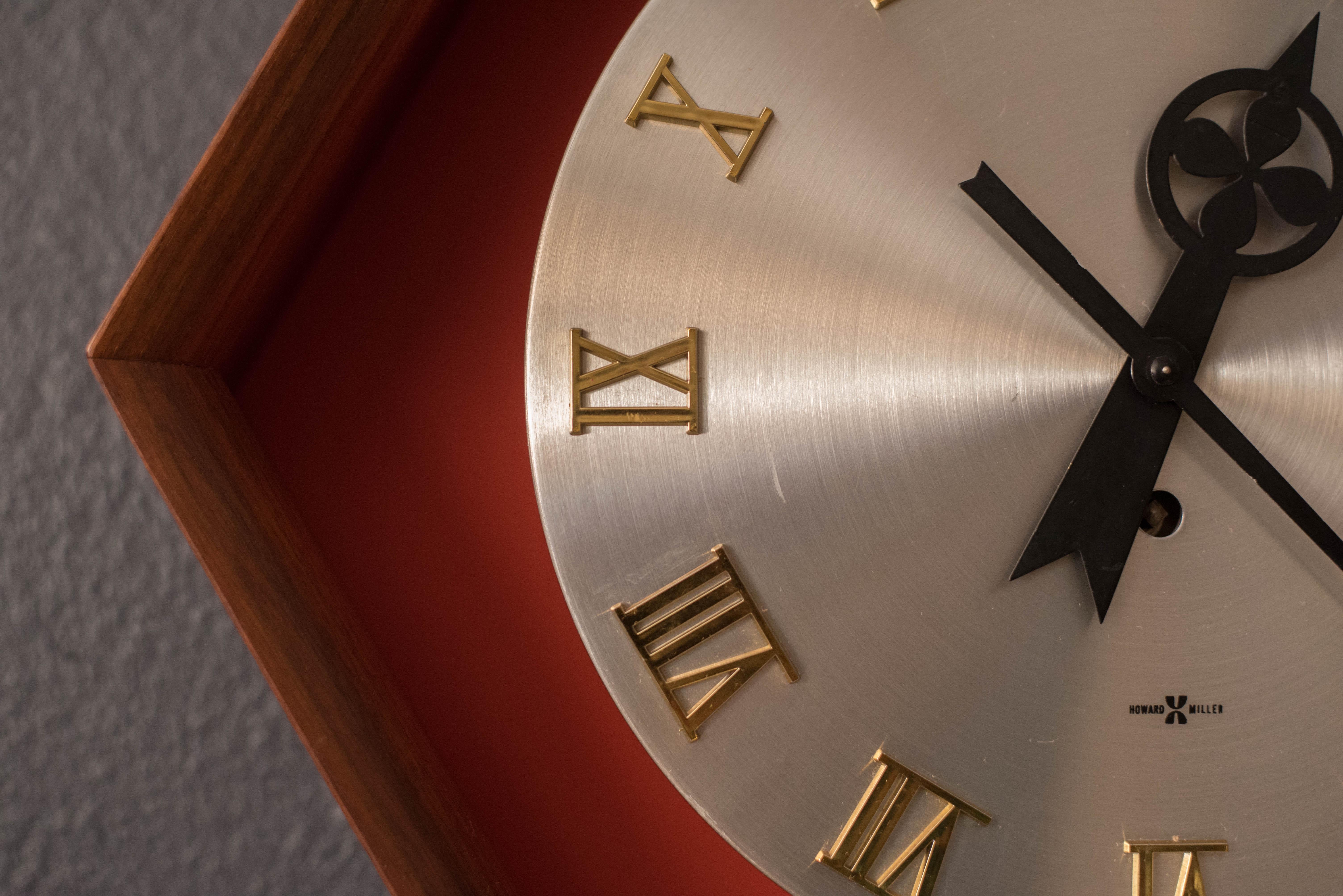 Midcentury Walnut Arthur Umanoff Meridian Pendulum Wall Clock for Howard Miller For Sale 2