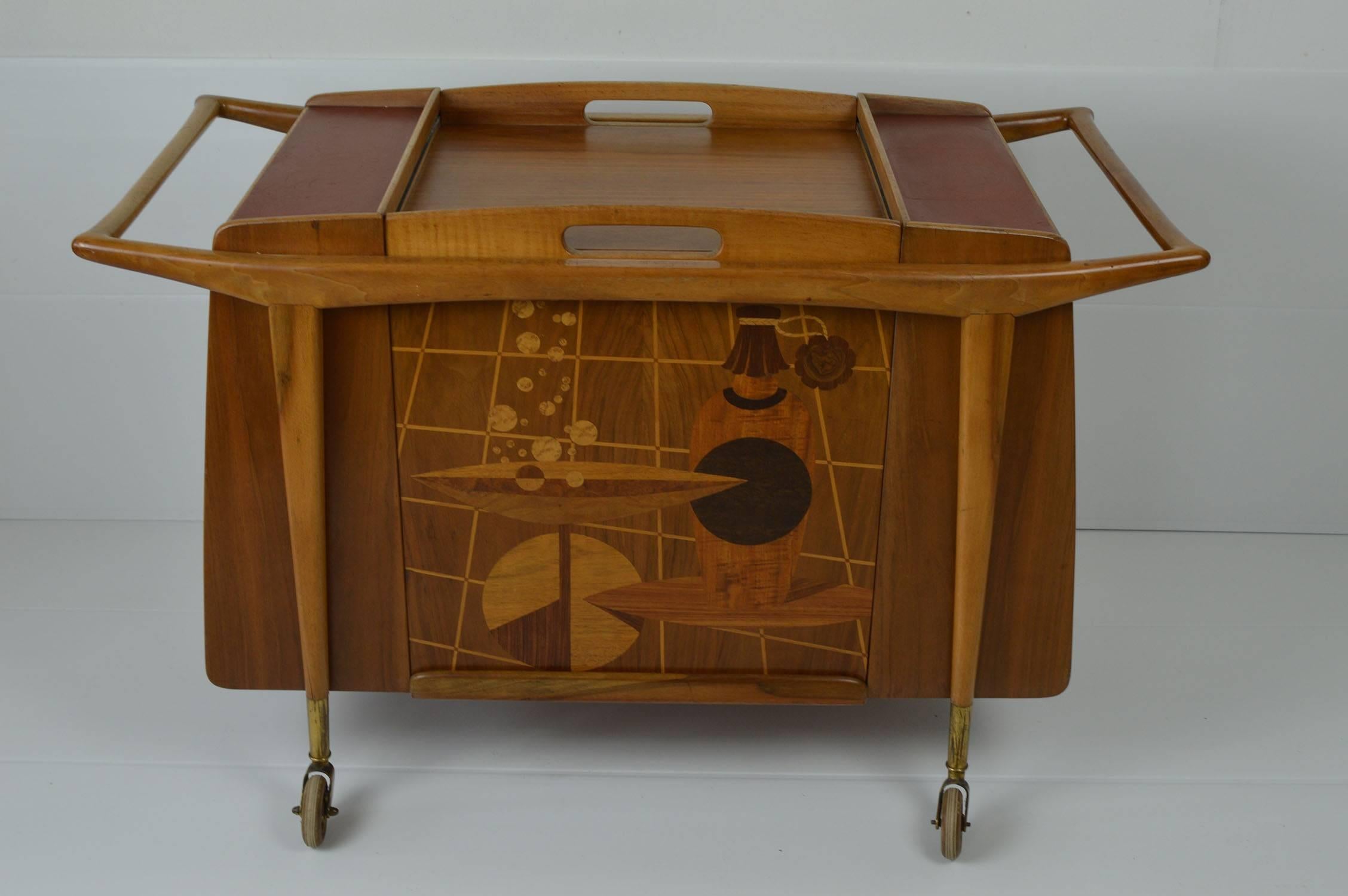 Mid-Century Modern Midcentury Walnut Bar Cart with Abstract Marquetry Panels
