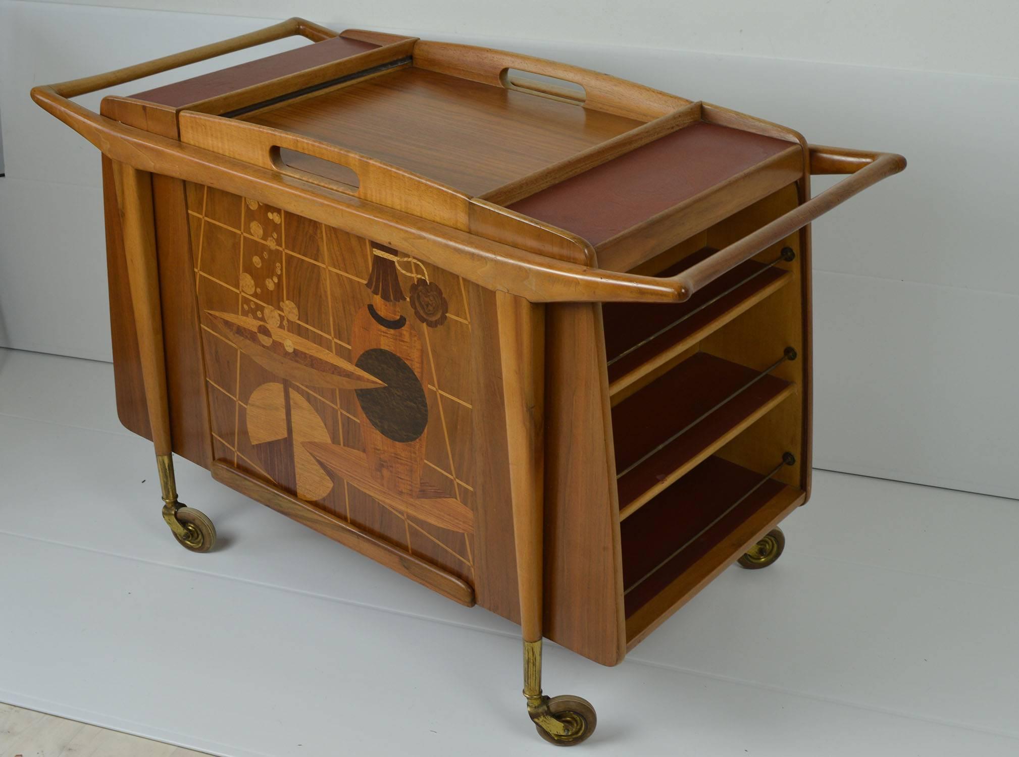 Italian Midcentury Walnut Bar Cart with Abstract Marquetry Panels