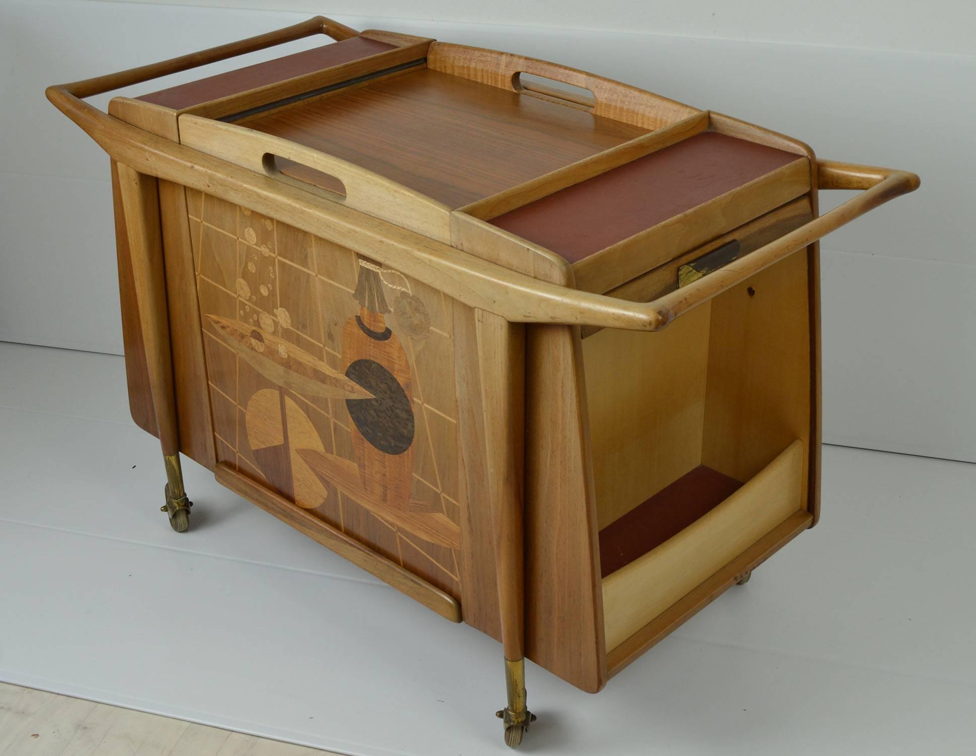 Midcentury Walnut Bar Cart with Abstract Marquetry Panels In Good Condition In St Annes, Lancashire