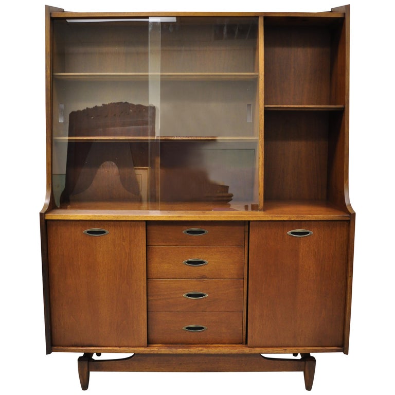 Mid Century Walnut Bassett China Hutch Display with Sliding Glass Doors at 1stDibs