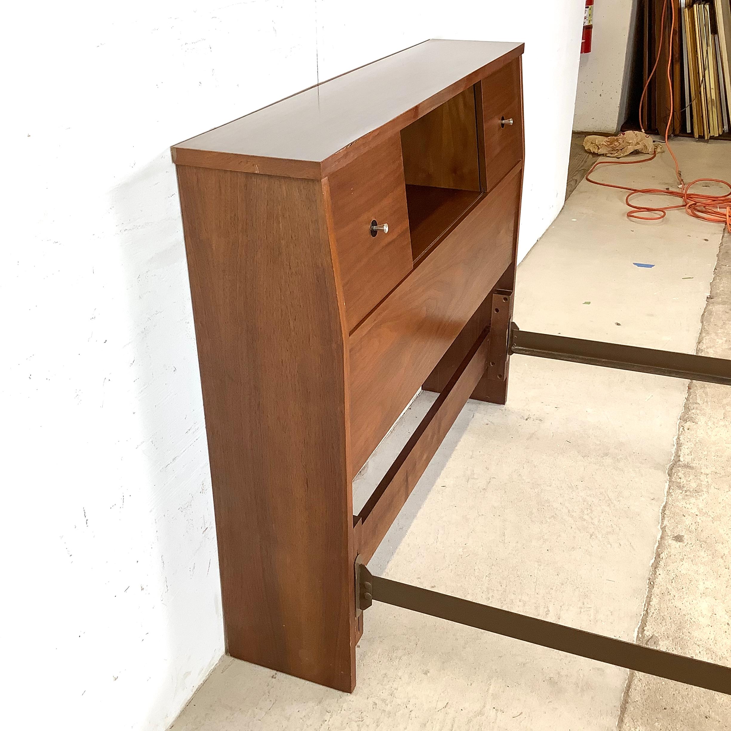 Unknown Mid-Century Walnut Bedframe With Storage Headboard- Twin For Sale