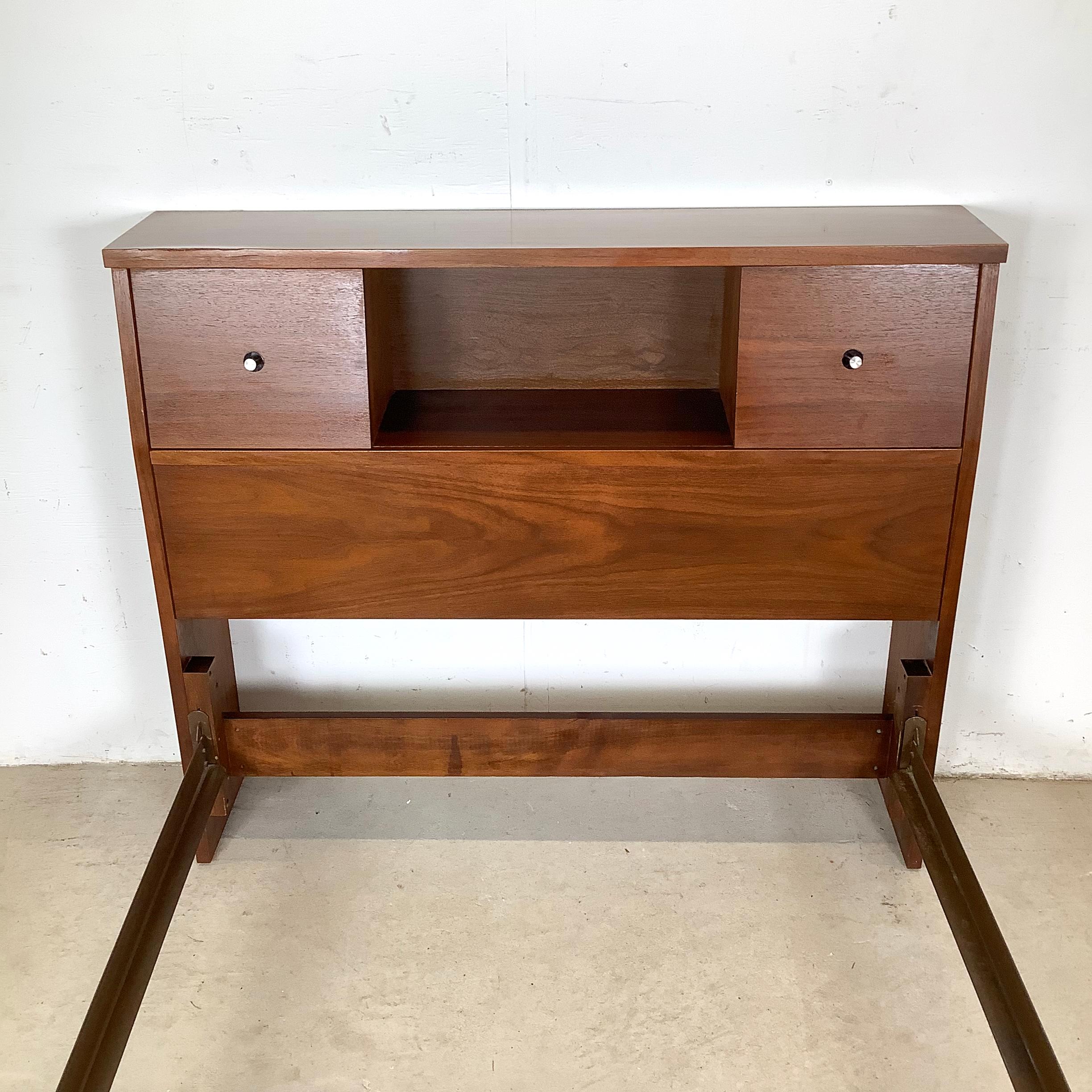 Mid-Century Walnut Bedframe With Storage Headboard- Twin In Good Condition For Sale In Trenton, NJ