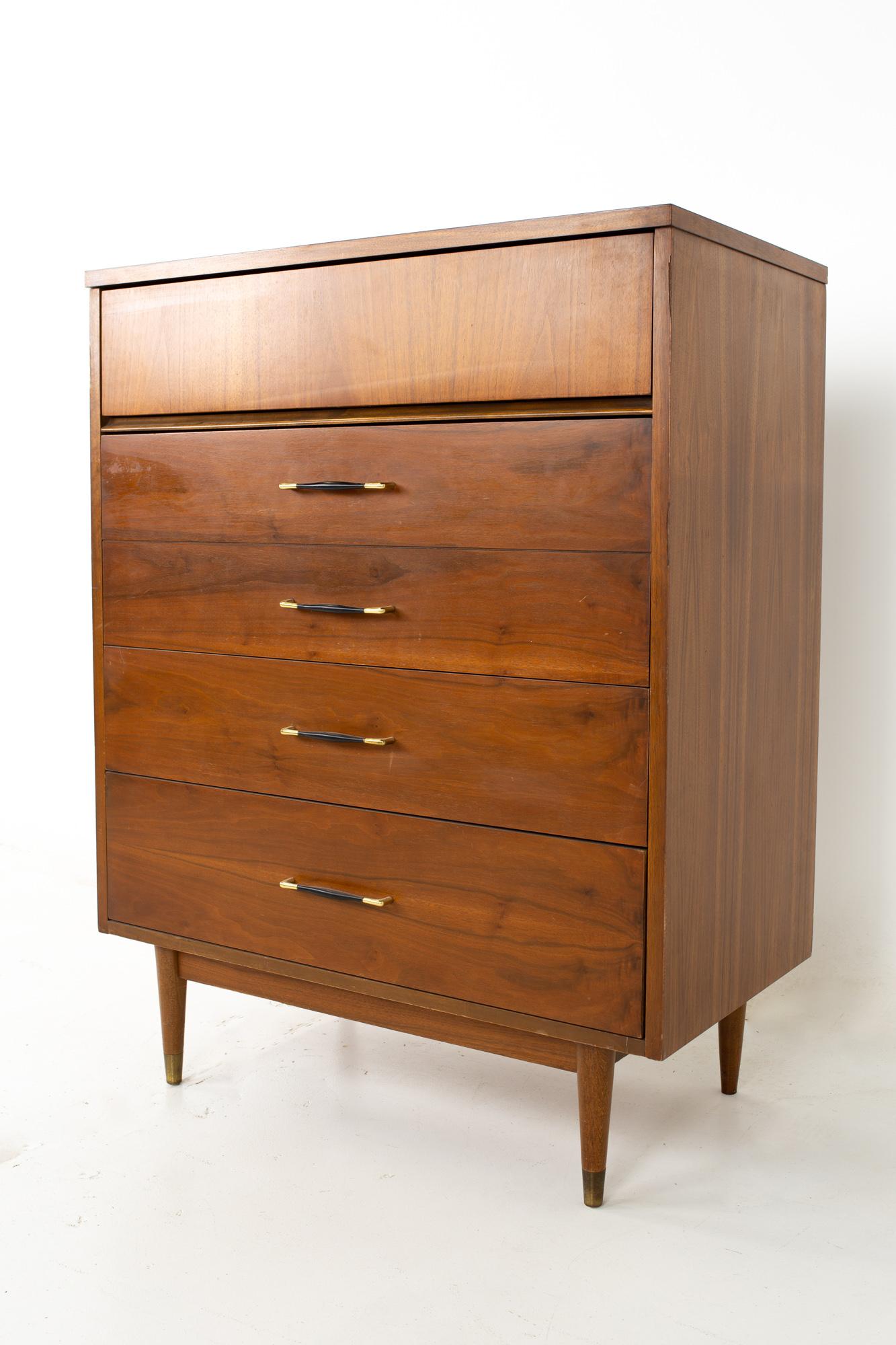 Mid century walnut brass and leather 5 drawer highboy dresser
Dresser measures: 34 wide x 18 deep x 43.5 inches high

All pieces of furniture can be had in what we call restored vintage condition. That means the piece is restored upon purchase so