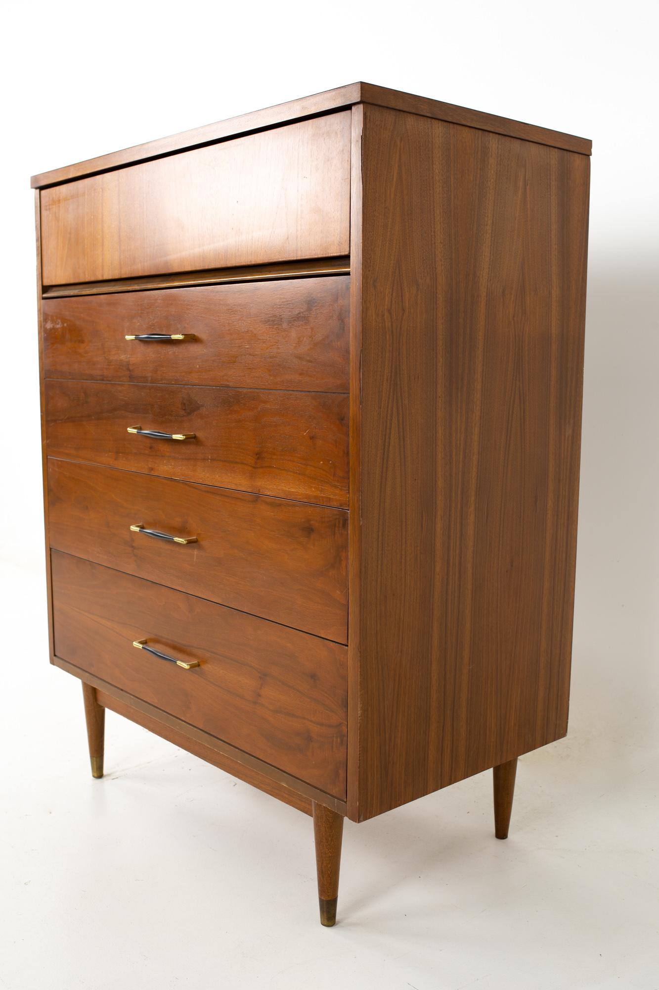 Mid-Century Modern Mid Century Walnut Brass and Leather 5 Drawer Highboy Dresser