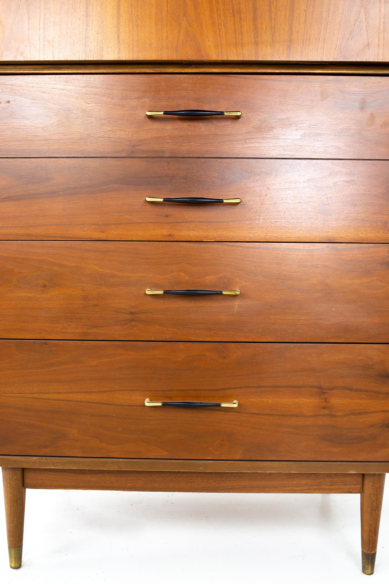 Late 20th Century Mid Century Walnut Brass and Leather 5 Drawer Highboy Dresser