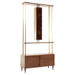 Mid Century Walnut Brass and Stained Glass Room Divider