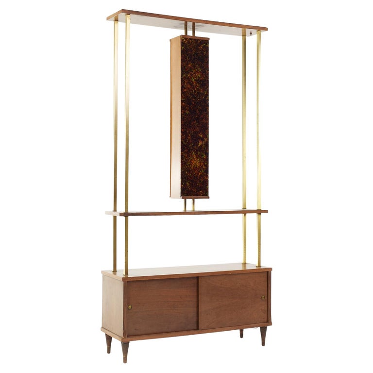 Mid Century Walnut Brass and Stained Glass Room Divider For Sale at 1stDibs