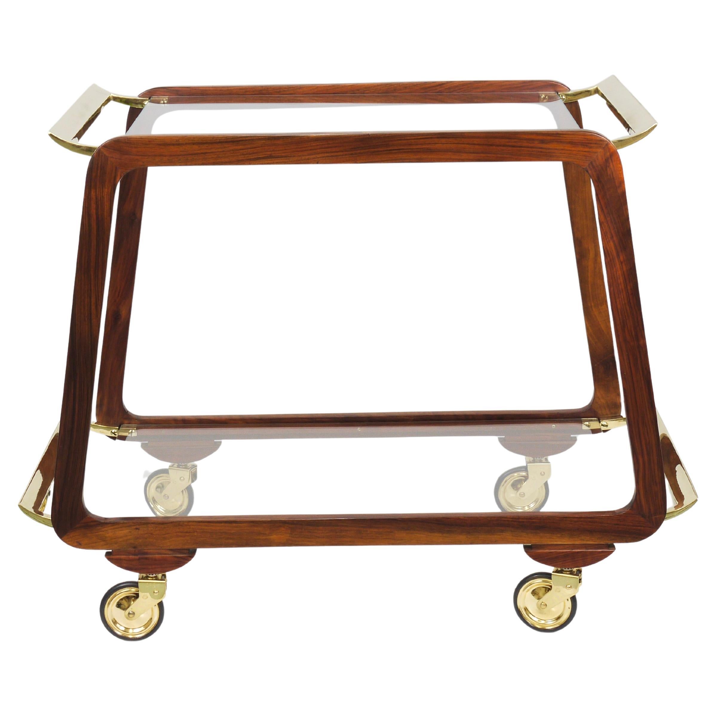 Mid-Century Walnut Brass Bar Cart Serving Trolley, 1950s, Oswald Haerdtl attr. For Sale