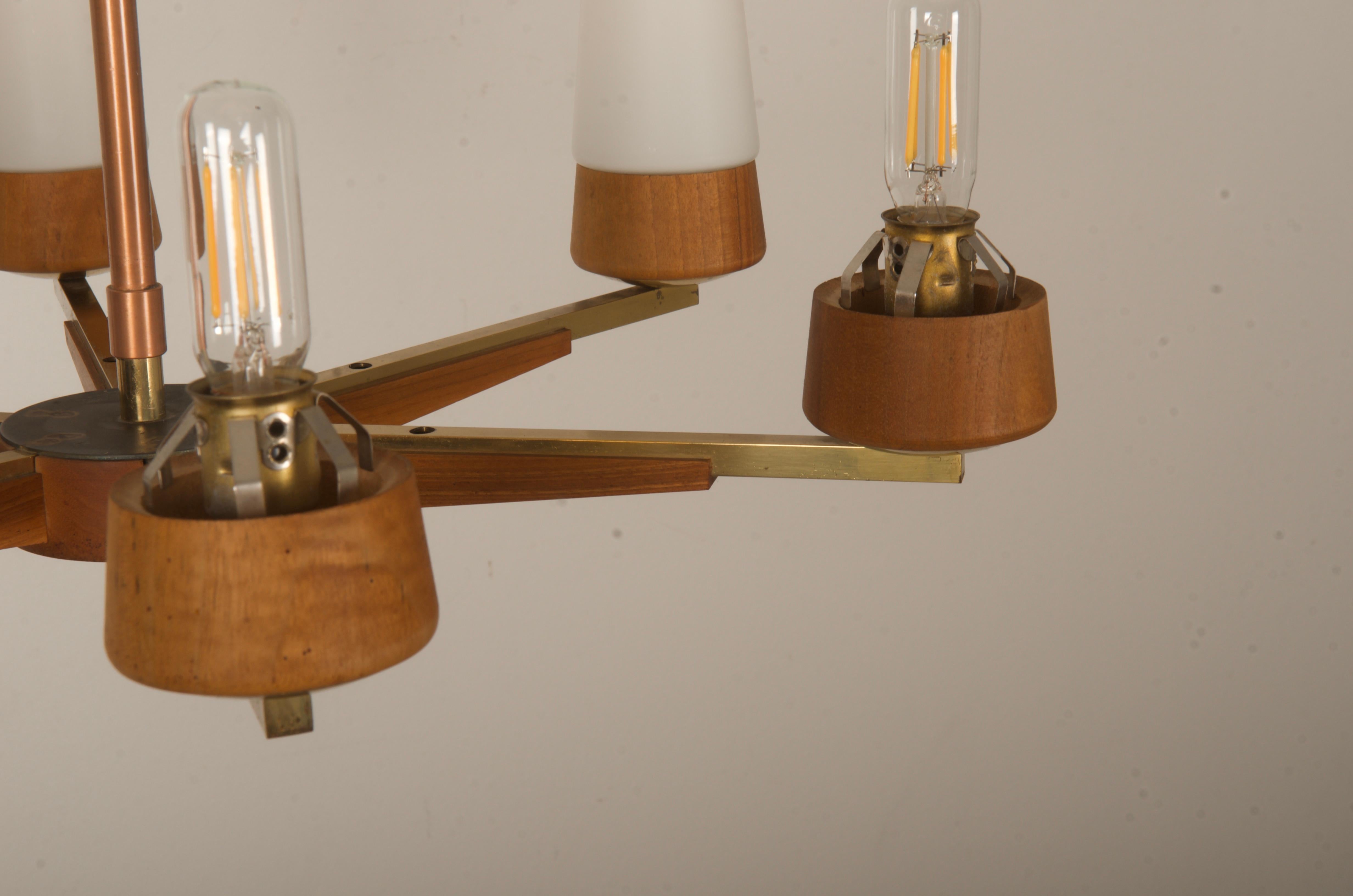 Mid-Century Walnut Brass Copper Chandelier By Rupert Nikoll For Sale 5