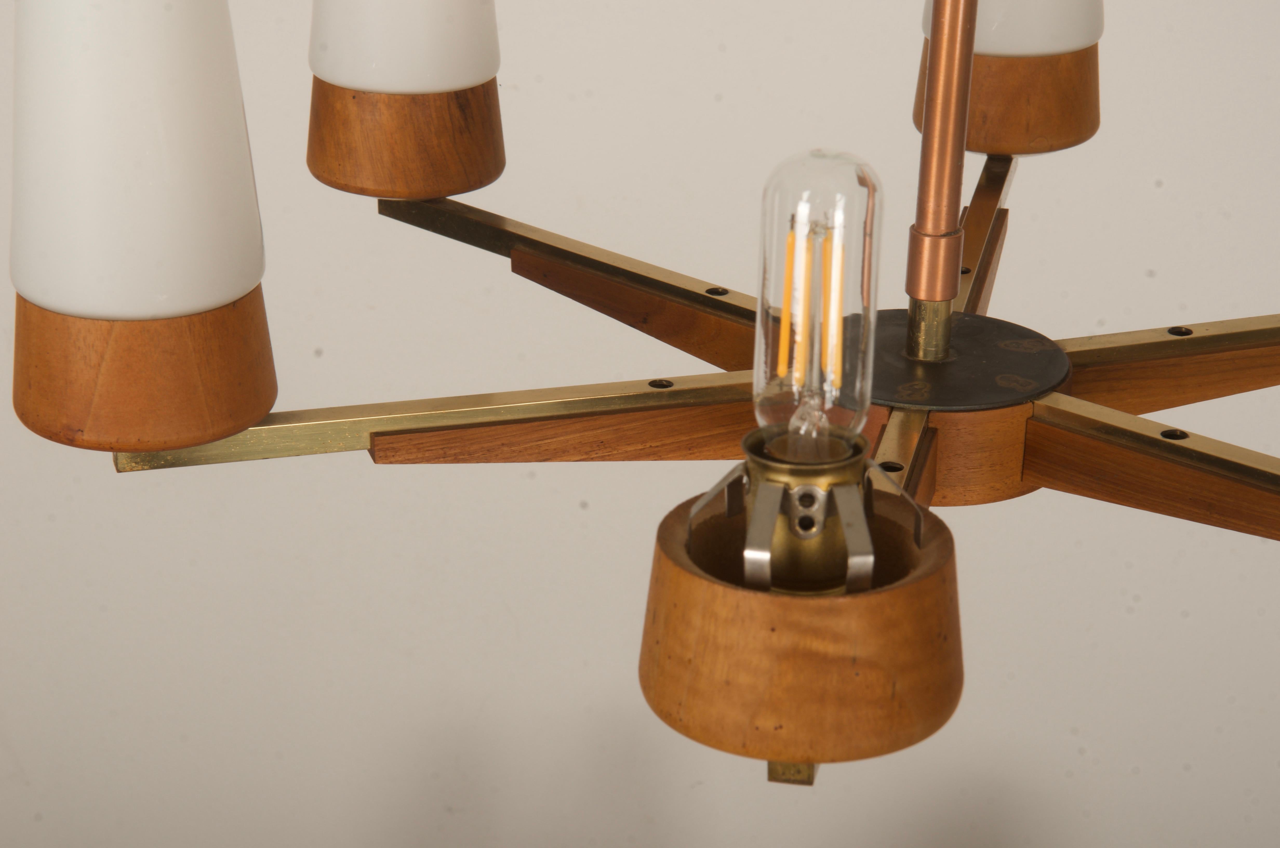 Mid-Century Walnut Brass Copper Chandelier By Rupert Nikoll For Sale 6