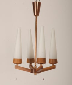 Mid-Century Walnut Brass Copper Chandelier By Rupert Nikoll