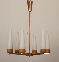 Mid-Century Walnut Brass Copper Chandelier By Rupert Nikoll